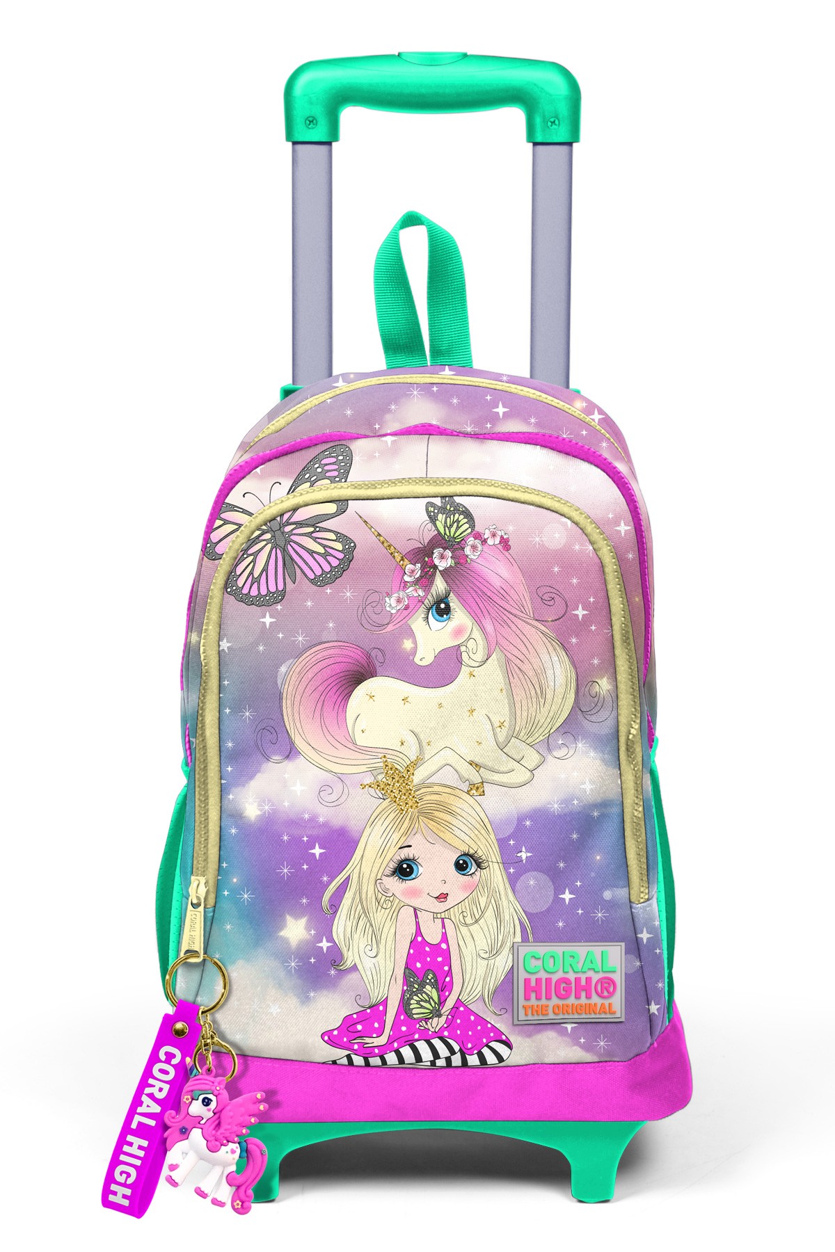 Coral High Kids Pembe Su Yeşili Unicornlu Kız Desenli Üç Bölmeli Çekçekli Okul Sırt Çantası 23933