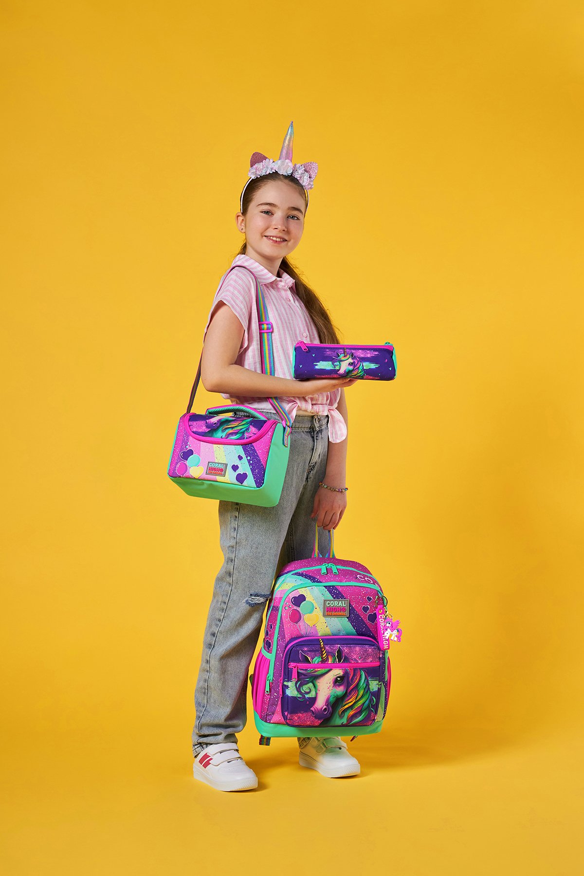 Coral High Kids Pembe Su Yeşili Unicorn Desenli 3’lü Okul Çanta Seti SET0123758