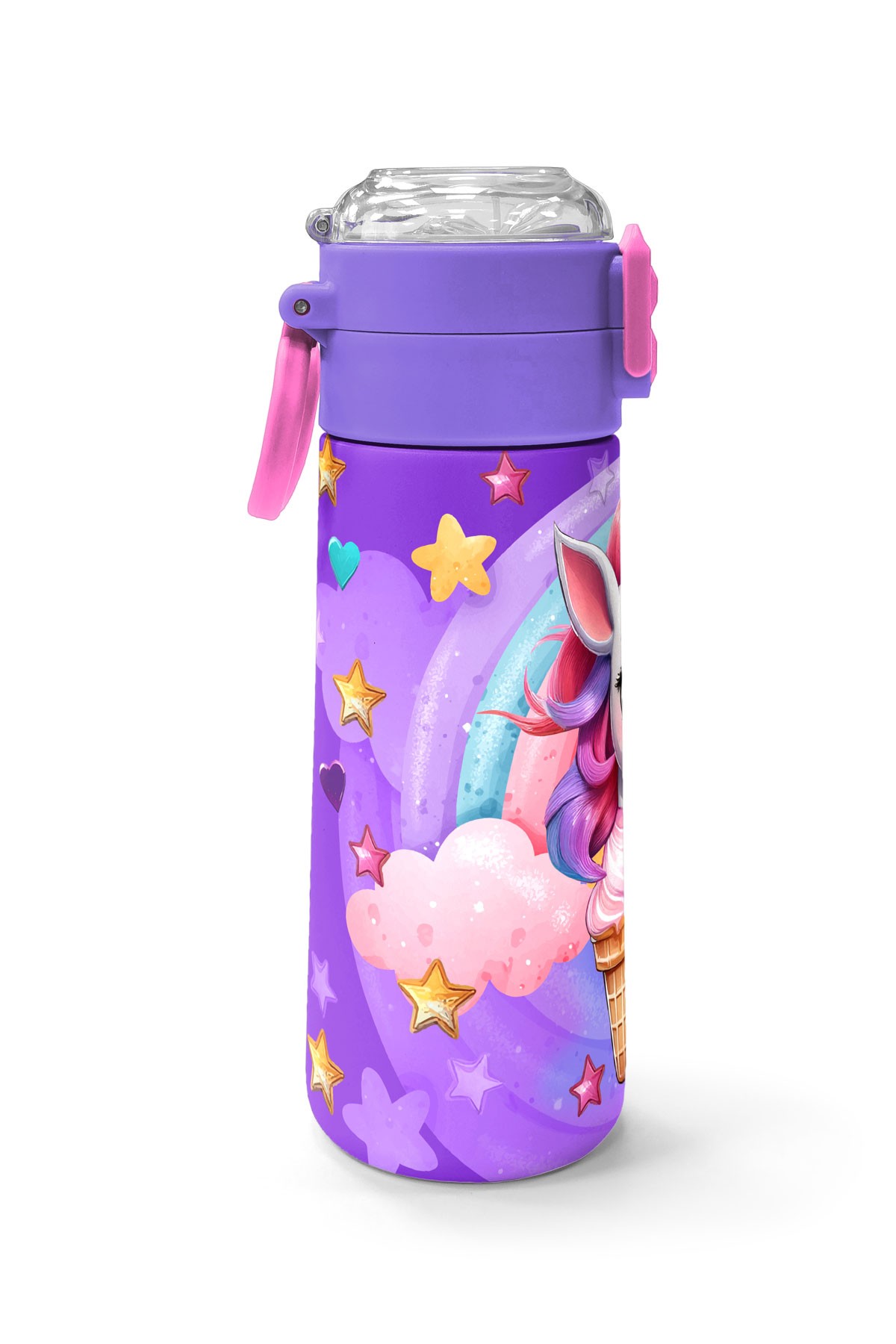 Coral High Kids Mor Pembe Unicorn Dondurma Desenli Pipetli ve Direkt İçim Çelik Termos 500 ml 31859