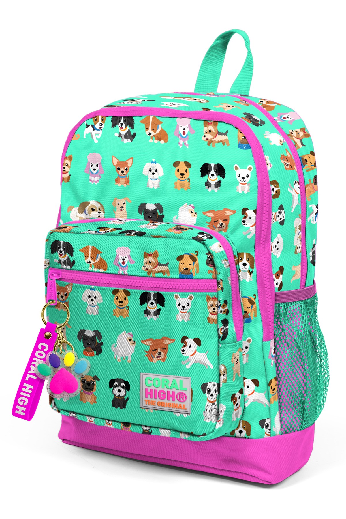 Coral High Kids Su Yeşili Neon Pembe Köpek Desenli Dört Bölmeli Okul Sırt Çantası 23465