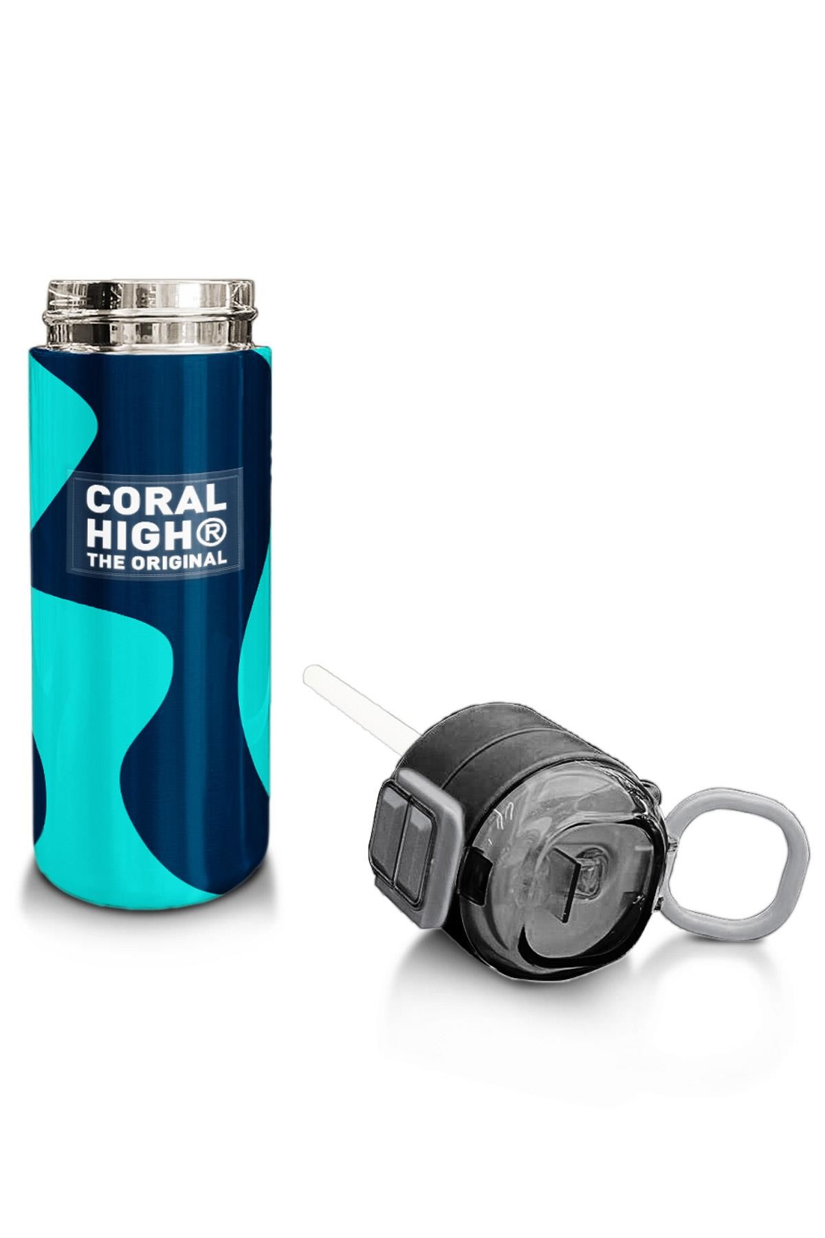 Coral High Kids Lacivert Turkuaz Desenli Pipetli ve Direkt İçim Çelik Termos 500 ml 31886