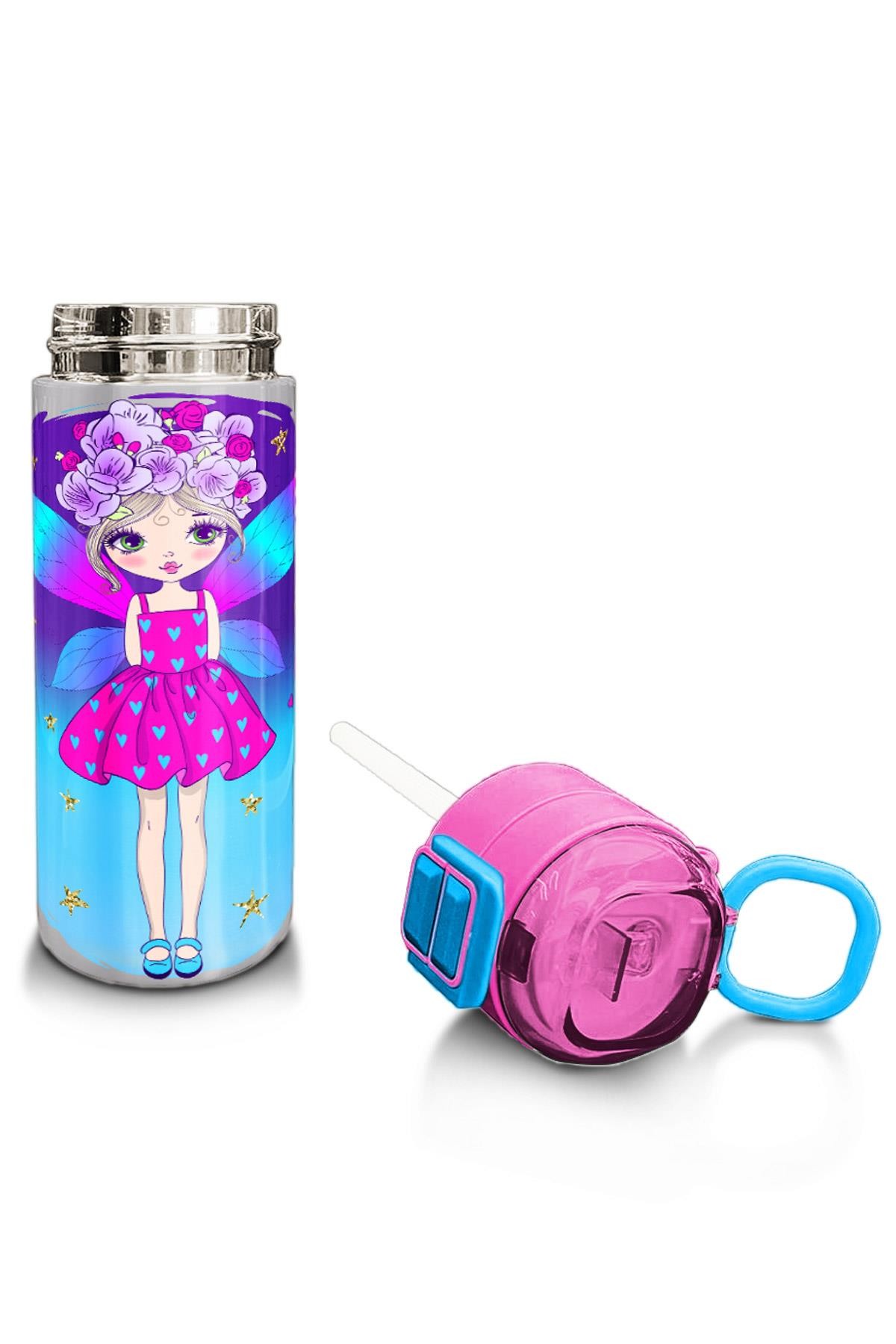 Coral High Kids Pembe Mavi Peri Desenli Pipetli ve Direkt İçim Çelik Termos 500 ml 31803