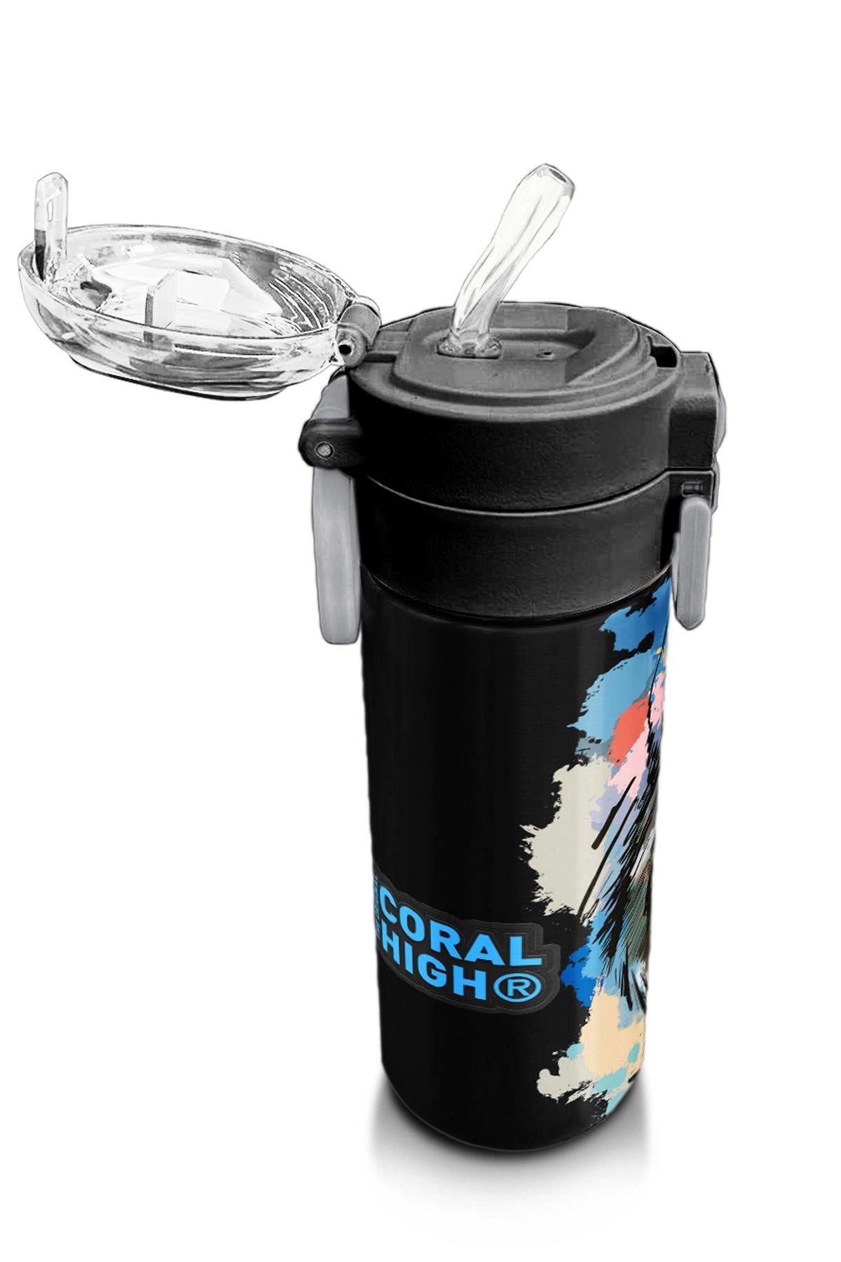 Coral High Kids Gri Siyah Kurt Desenli Pipetli ve Direkt İçim Çelik Termos 500 ml 31832