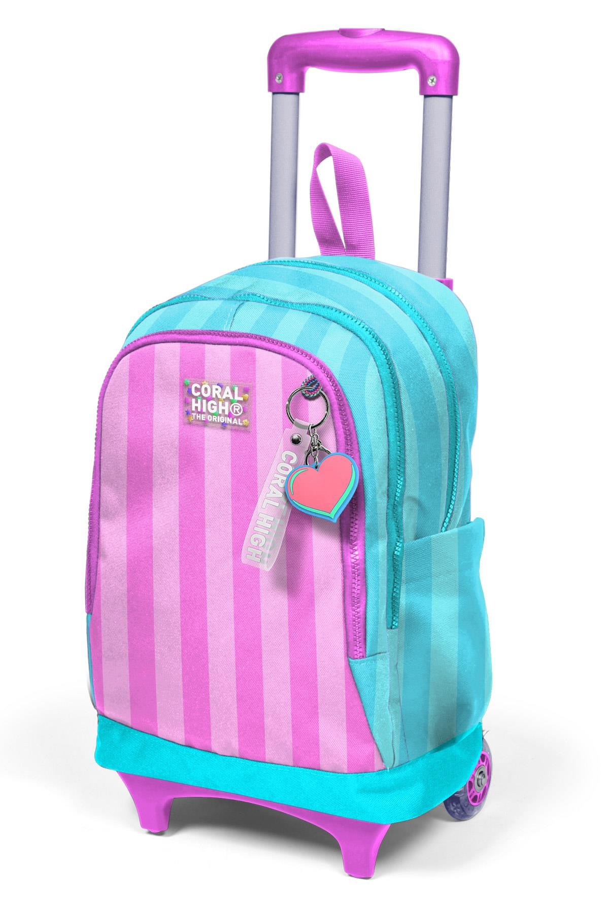 Coral High Kids Turkuaz Pembe Çizgili Üç Bölmeli Çekçekli Okul Sırt Çantası 23971
