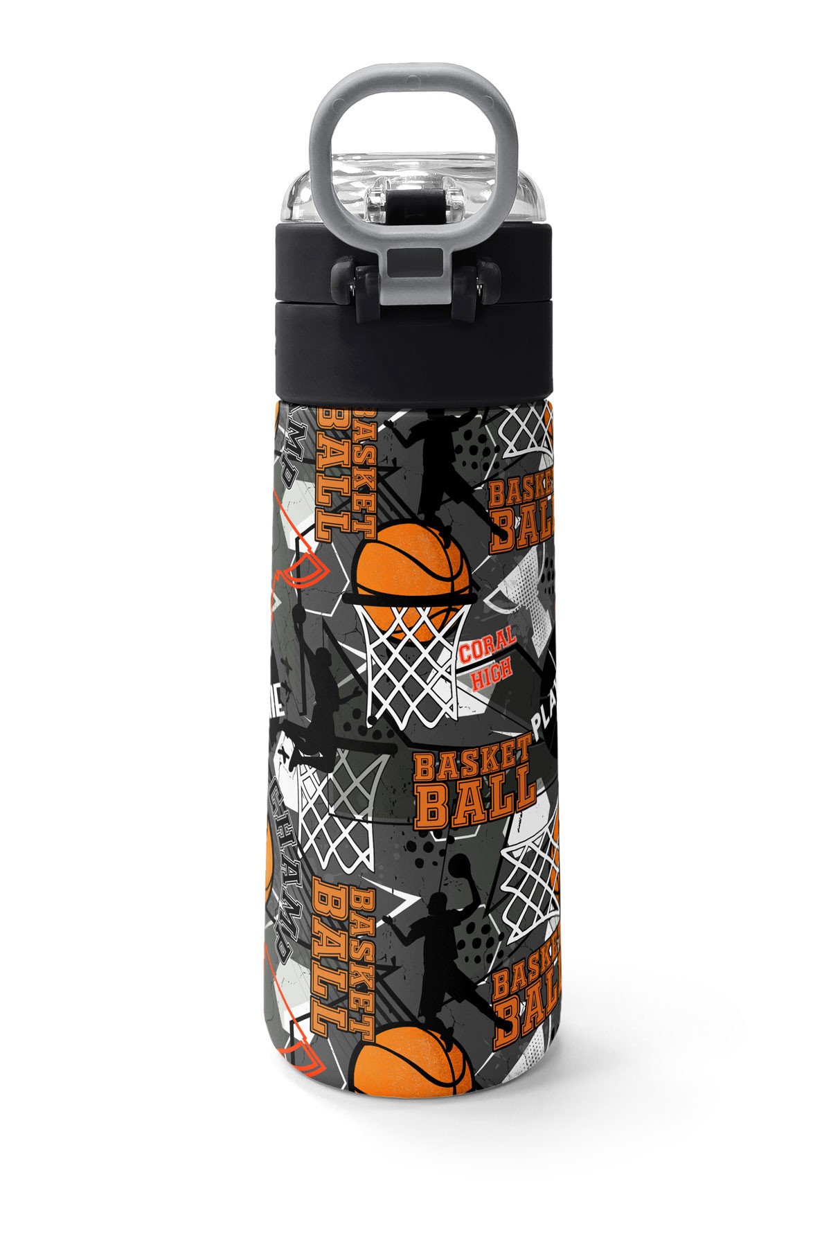 Coral High Kids Siyah Gri Basketbol Desenli Pipetli ve Direkt İçim Çelik Termos 500 ml 31975