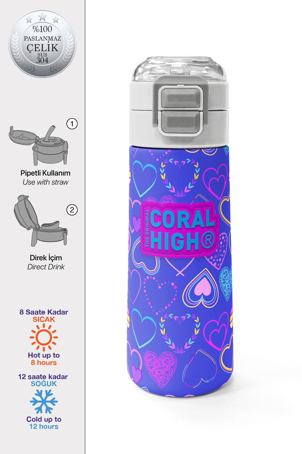 Coral High Kids Açık Pembe Lavanta Kalp Desenli Pipetli ve Direkt İçim Çelik Termos 500 ml 31977