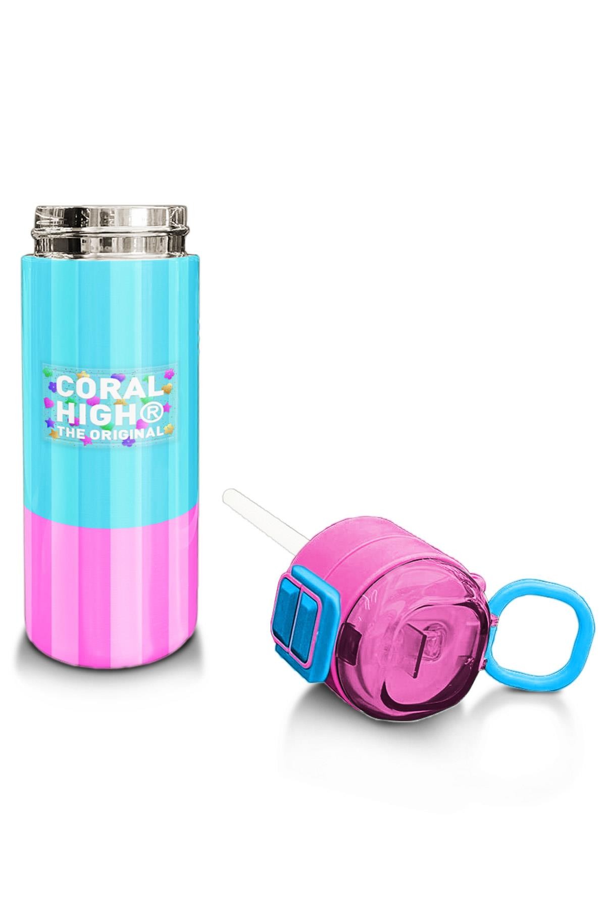 Coral High Kids Renkli Çizgili Desenli Pipetli ve Direkt İçim Çelik Termos 500 ml 31987