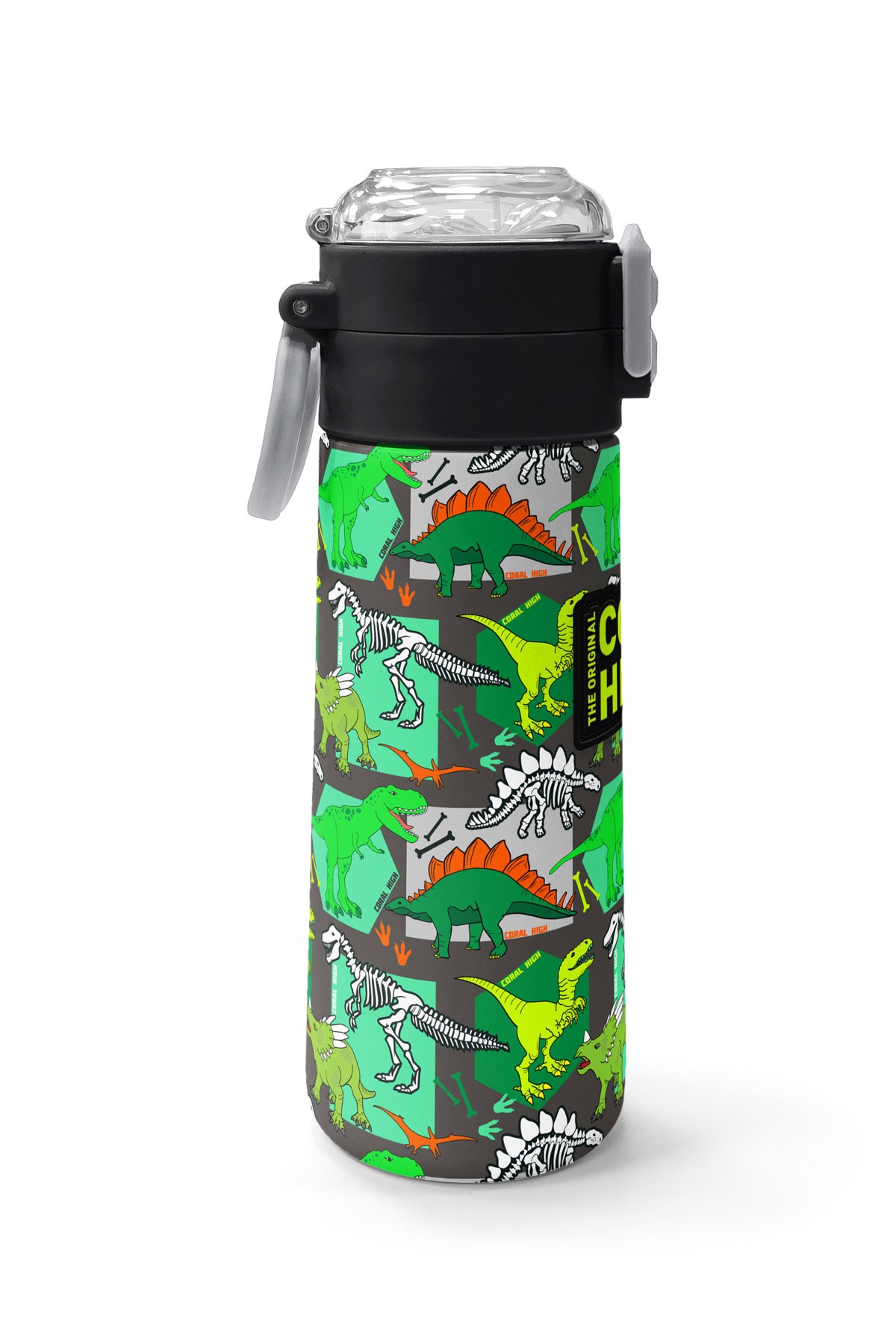 Coral High Kids Gri Yeşil Dinozor Desenli Pipetli ve Direkt İçim Çelik Termos 500 ml 31976
