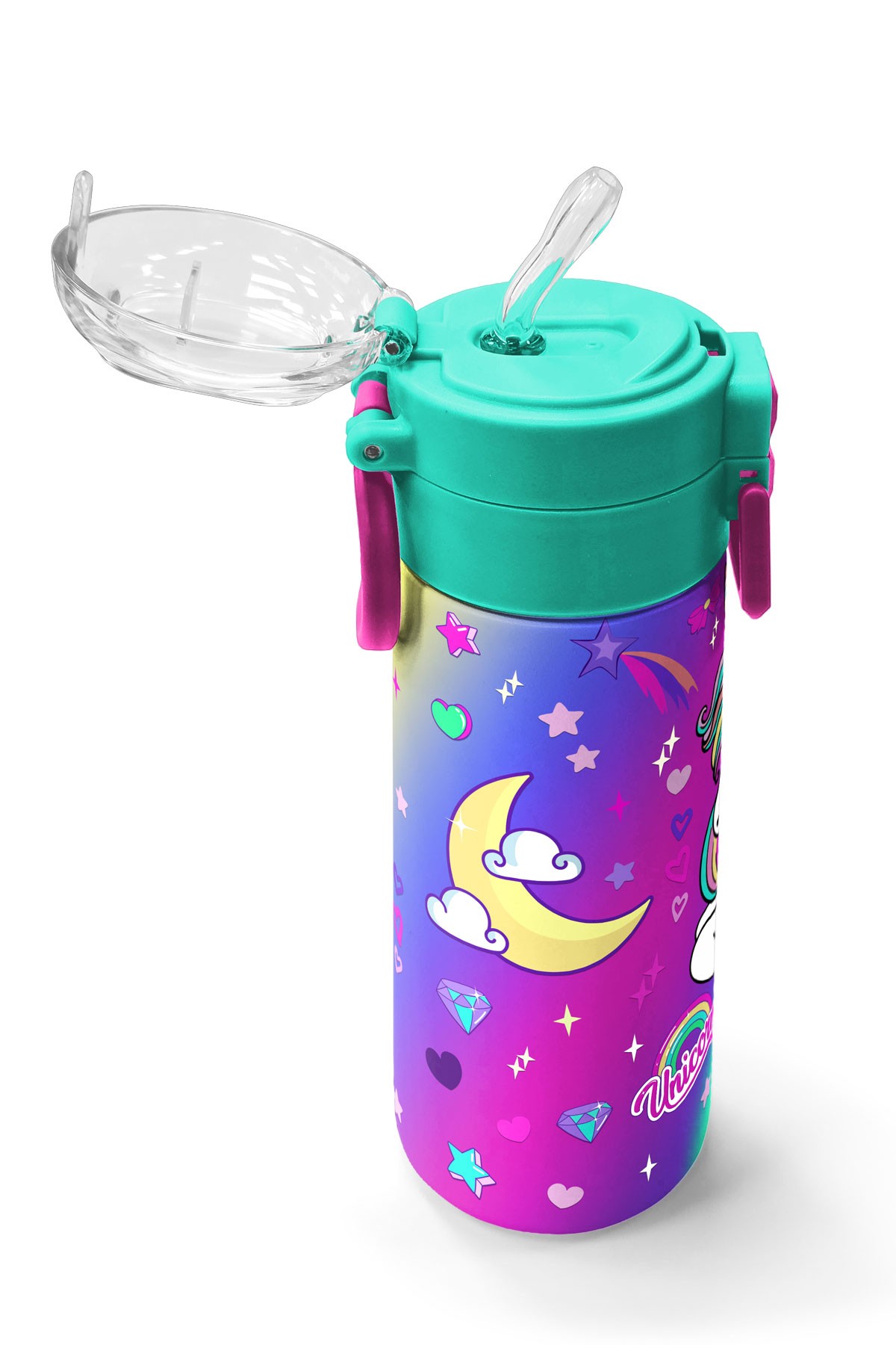 Coral High Kids Lavanta Su Yeşili Unicorn Desenli Pipetli ve Direkt İçim Çelik Termos 500 ml 31937