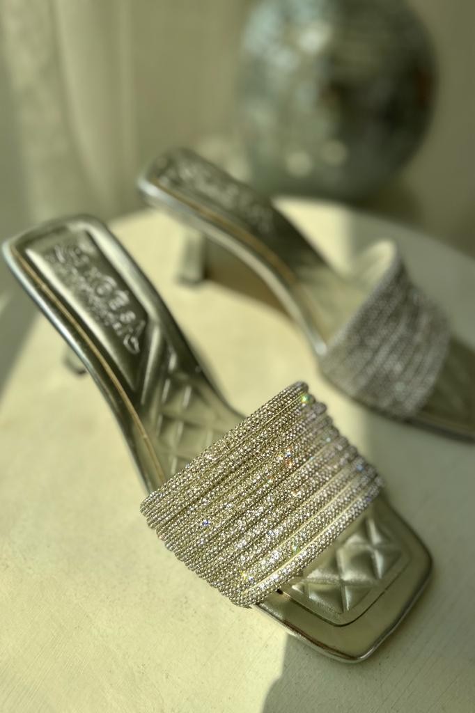 Panix Stone Detailed High Heel Slipper Silver