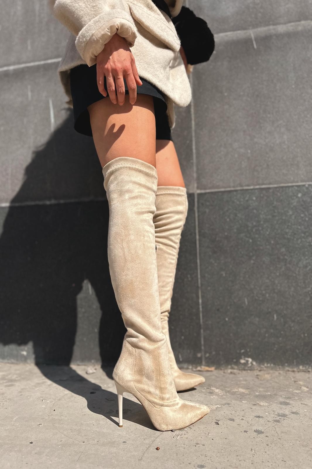 Padsev Suede Stretch Knee High Women's Boots Beige