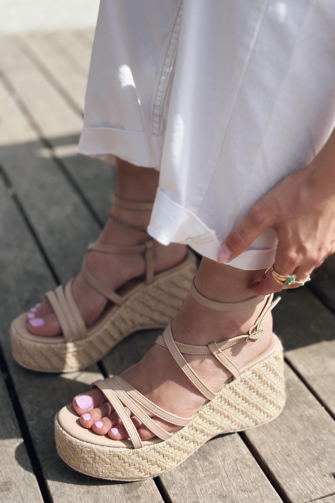 Forina Nude Women's Sandals with Wicker Padding Heels