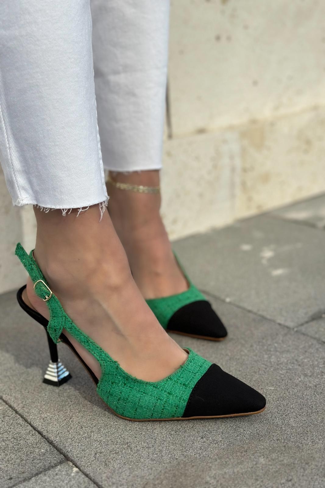 Volpina Satin Tweed Patterned Stiletto Green