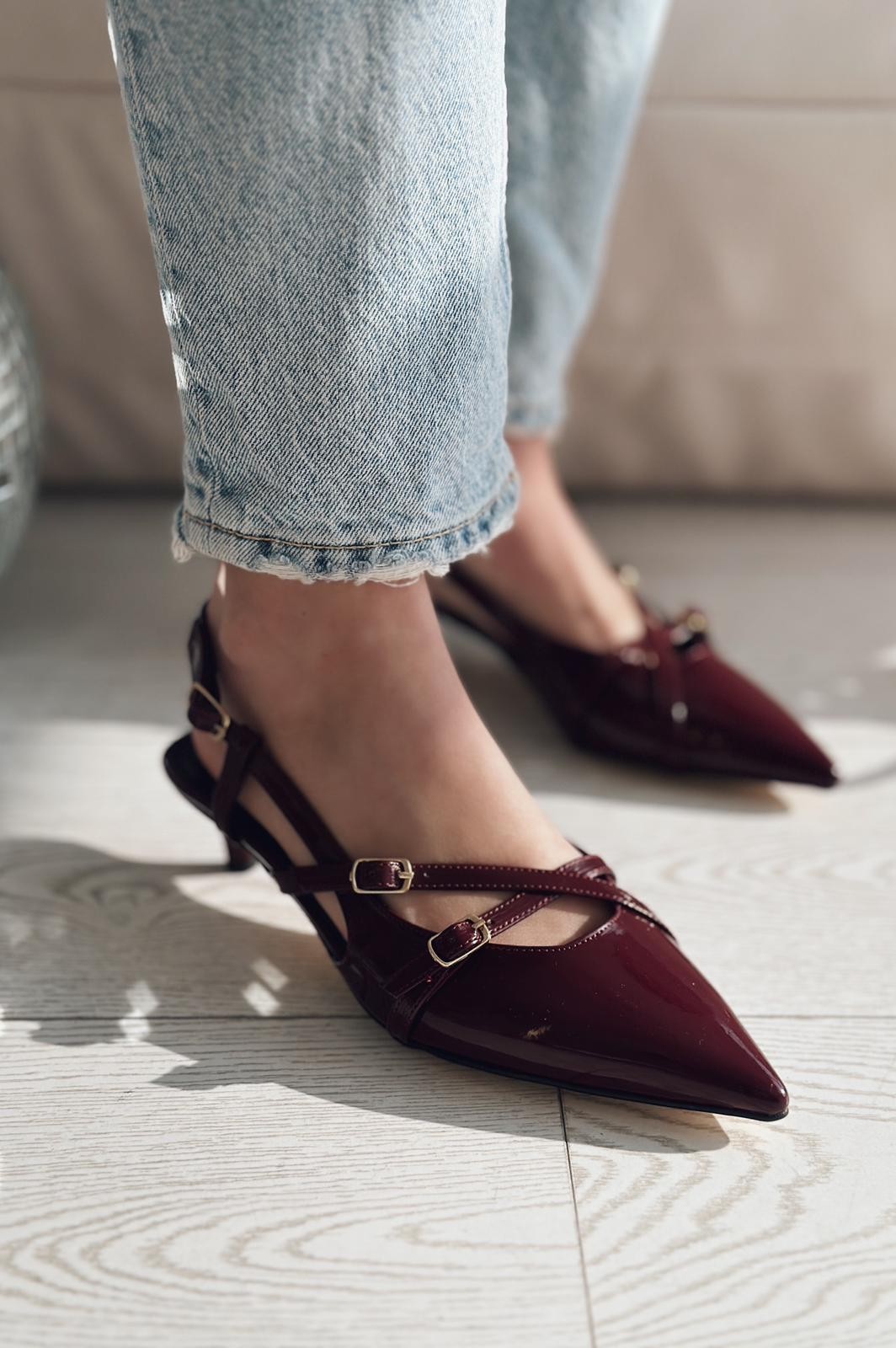 Pejox Patent Leather Buckle Detailed Short Heeled Stiletto Burgundy