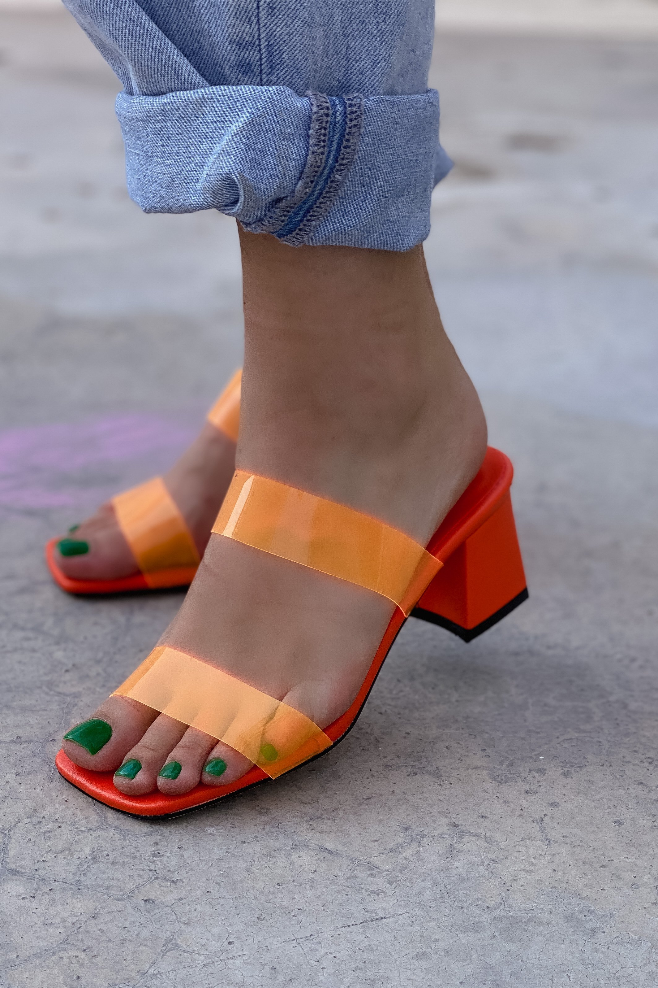 Joliba Matte Leather Short Heeled Slippers Orange