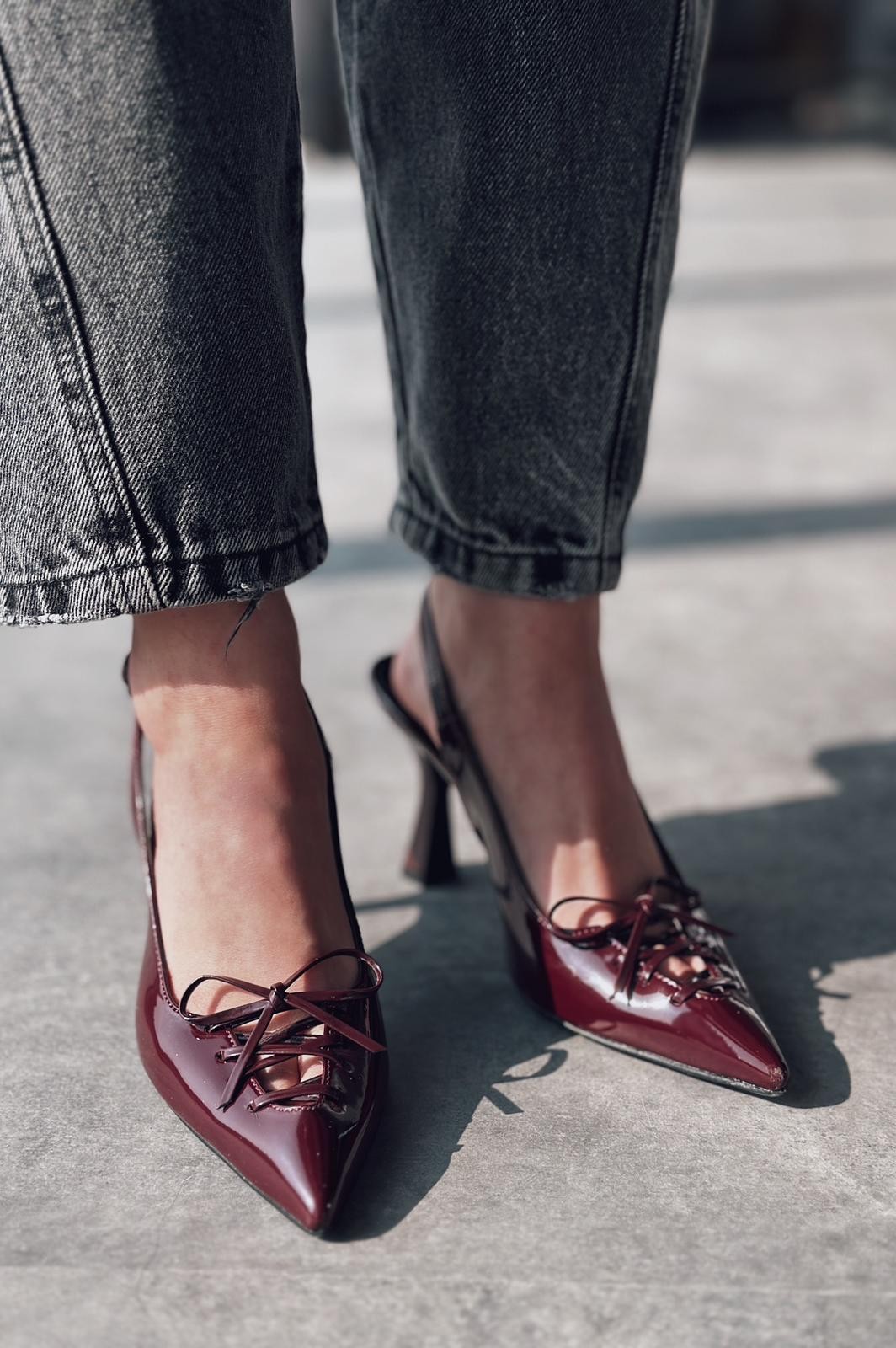 Cherry Wiony Patent Leather Ribbon Detailed Stiletto Burgundy