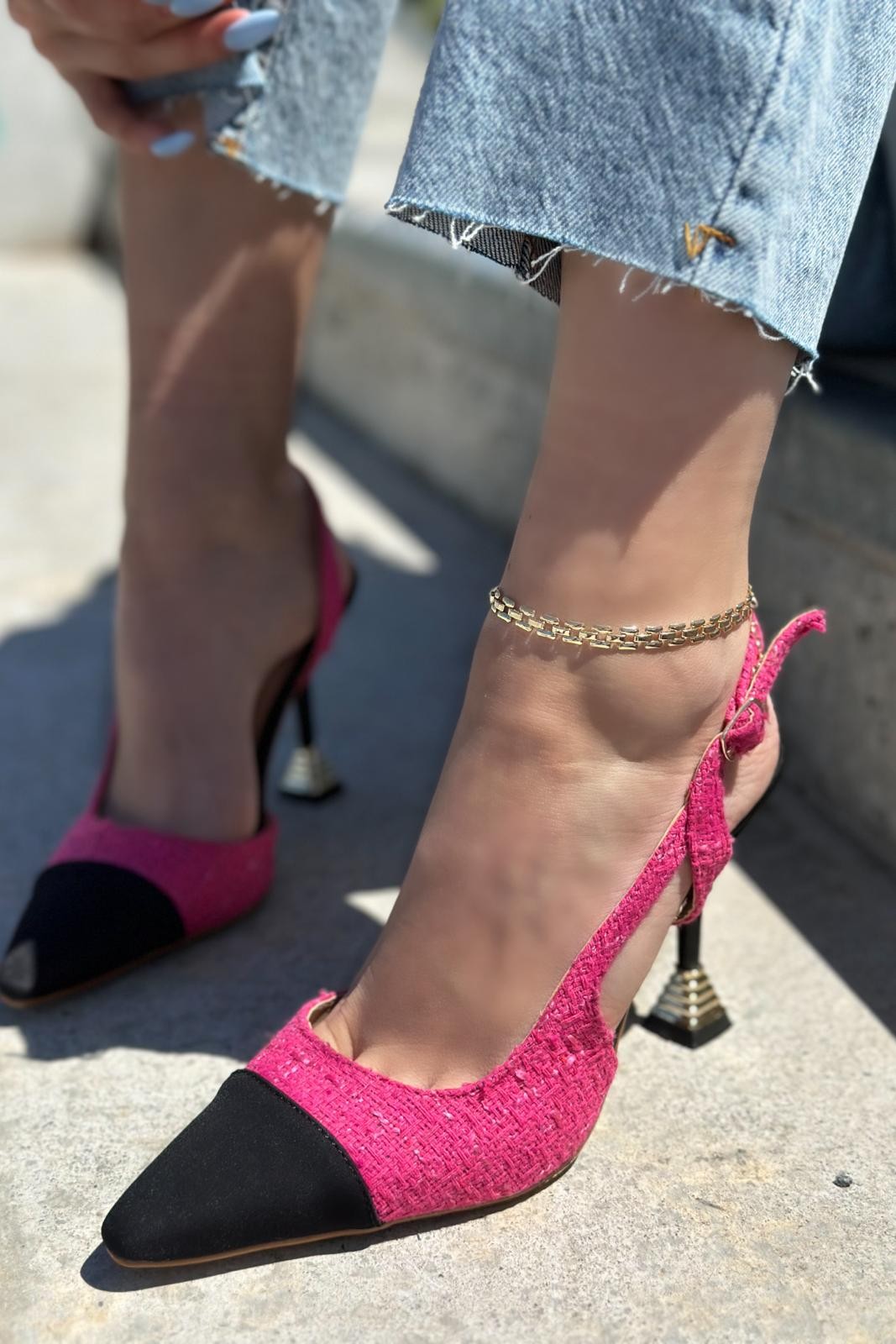 Volpina Satin Tweed Patterned Stiletto Fuchsia