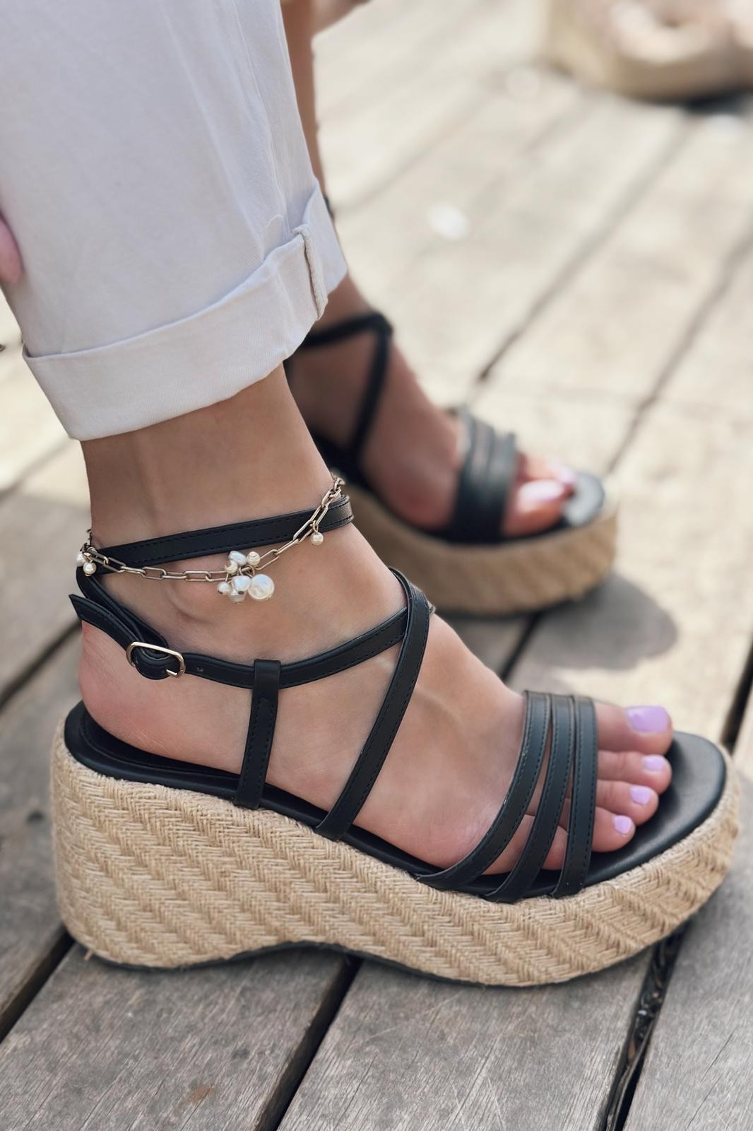 Forina Straw Padded Heeled Women's Sandals Black