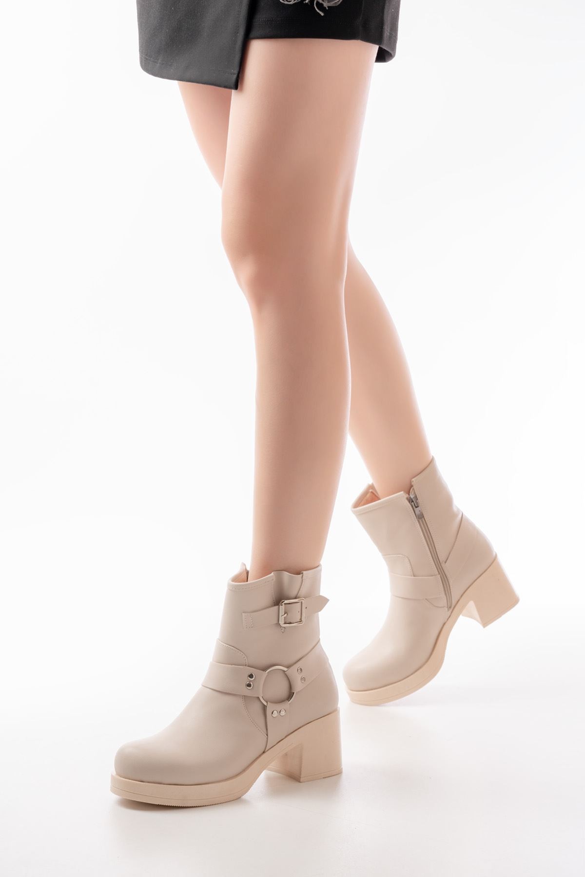 Lobixa Beige Zipper Heel Women's Boots