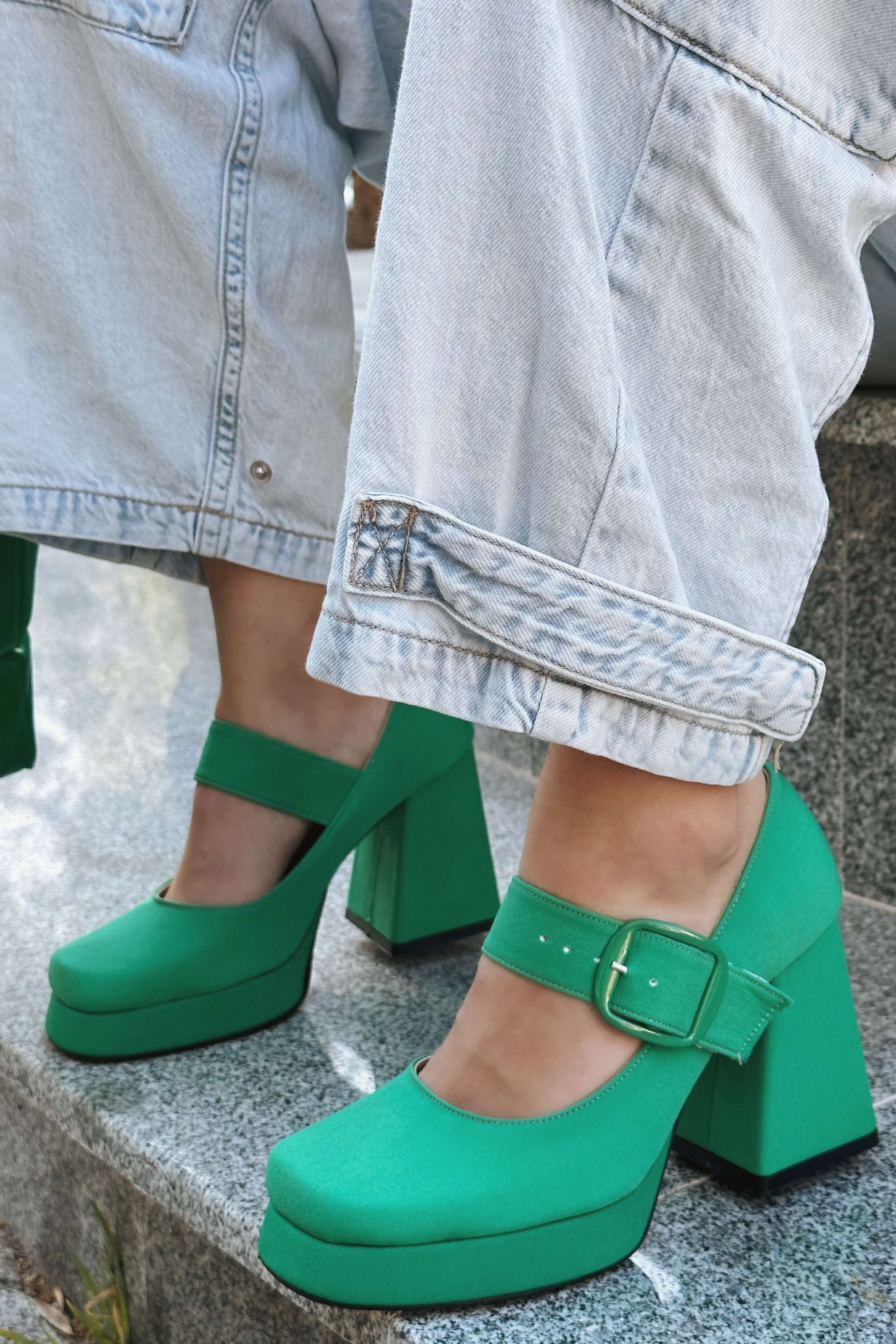 Alpons Satin Woman Platform Heels Shoes Green
