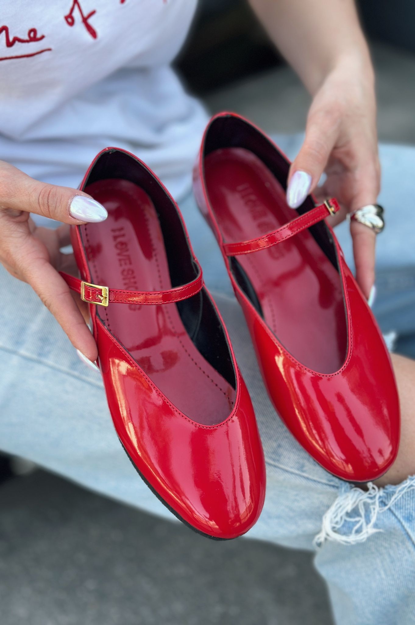 Povina Patent Leather Buckle Detailed Women Red