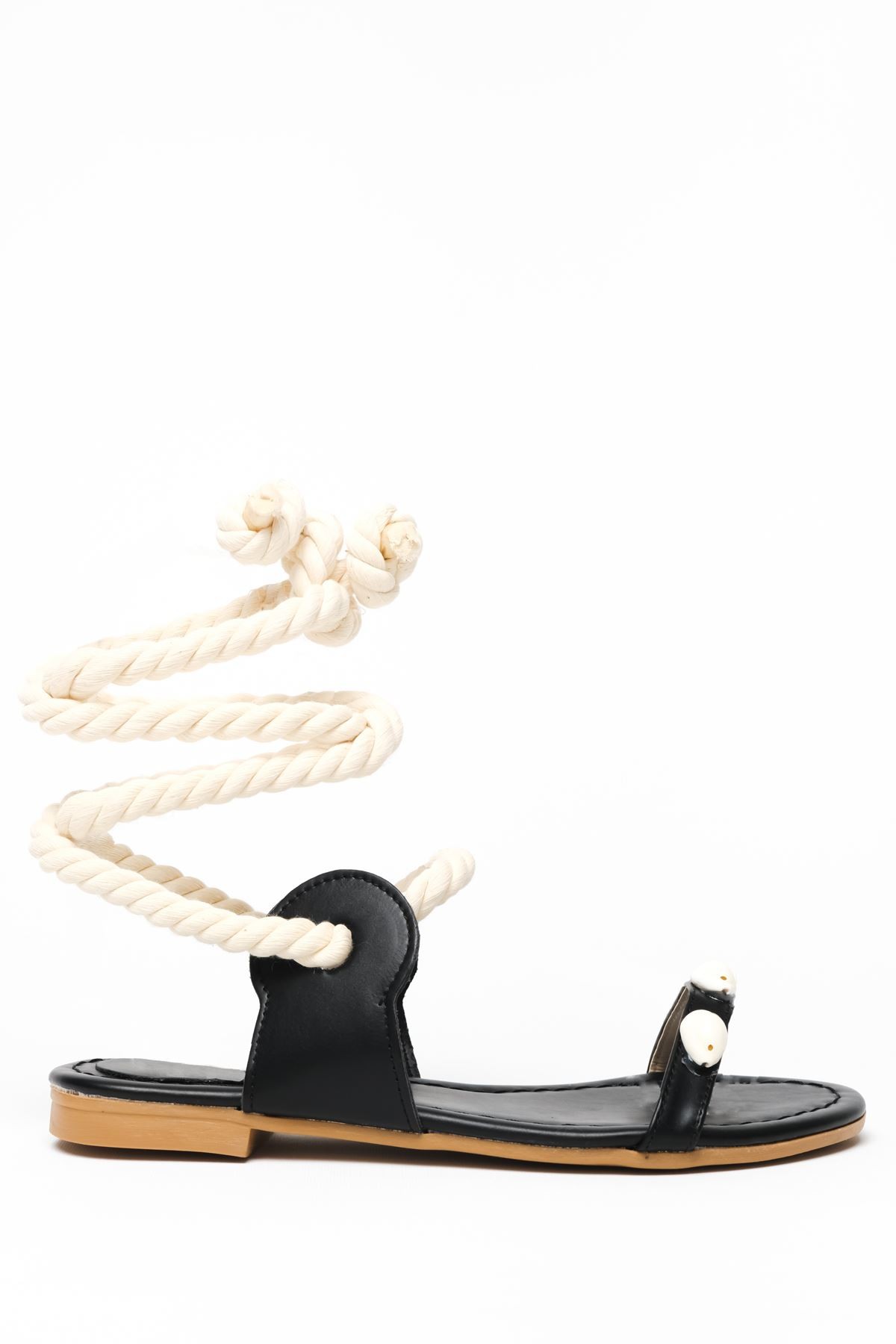 Nerisa Mat Deri Örgü İp Detaylı Sandalet Siyah