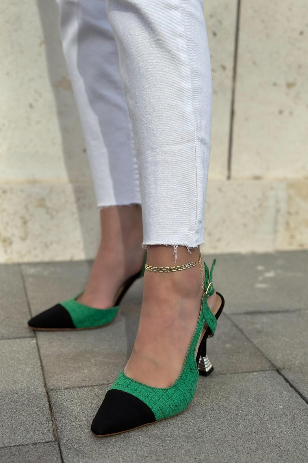 Volpina Satin Tweed Patterned Stiletto Green