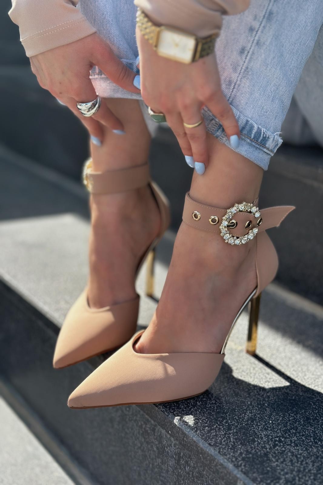 Roslena Satin Ankle Strap Stiletto with Stone Detail Nude