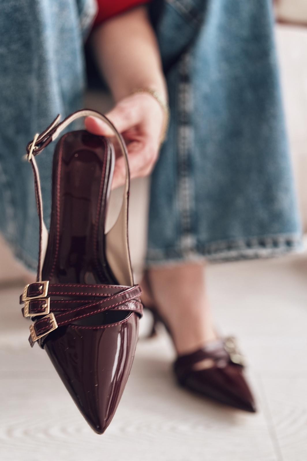 Cherry Molens Patent Leather Buckle Detail Short Heel Stiletto Burgundy