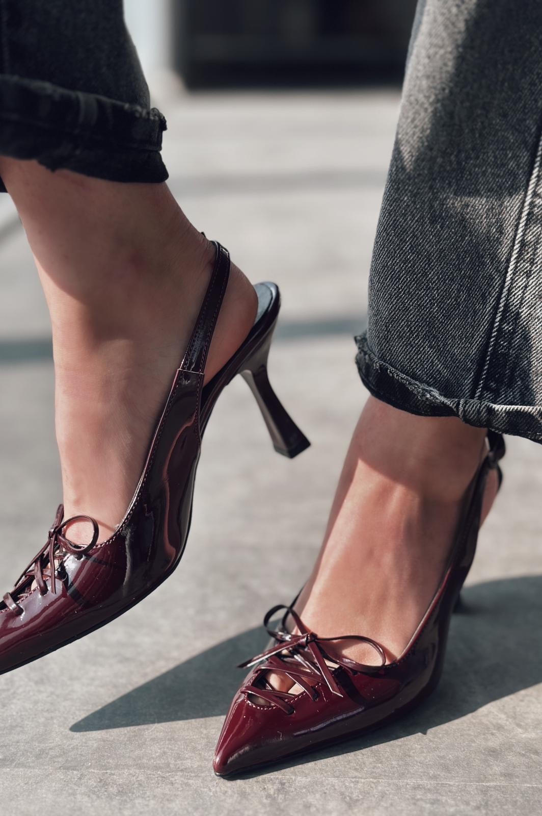 Cherry Wiony Patent Leather Ribbon Detailed Stiletto Burgundy