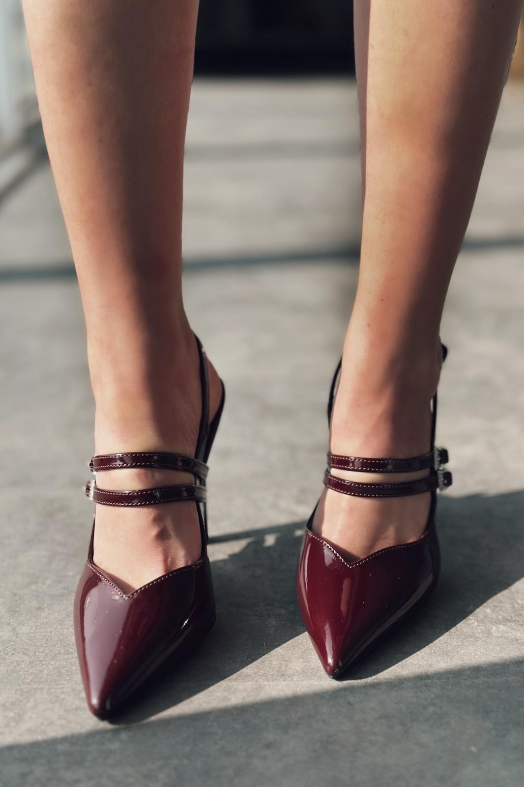 Pontes Patent Leather Stone Buckle Detailed High Heeled Stiletto Burgundy