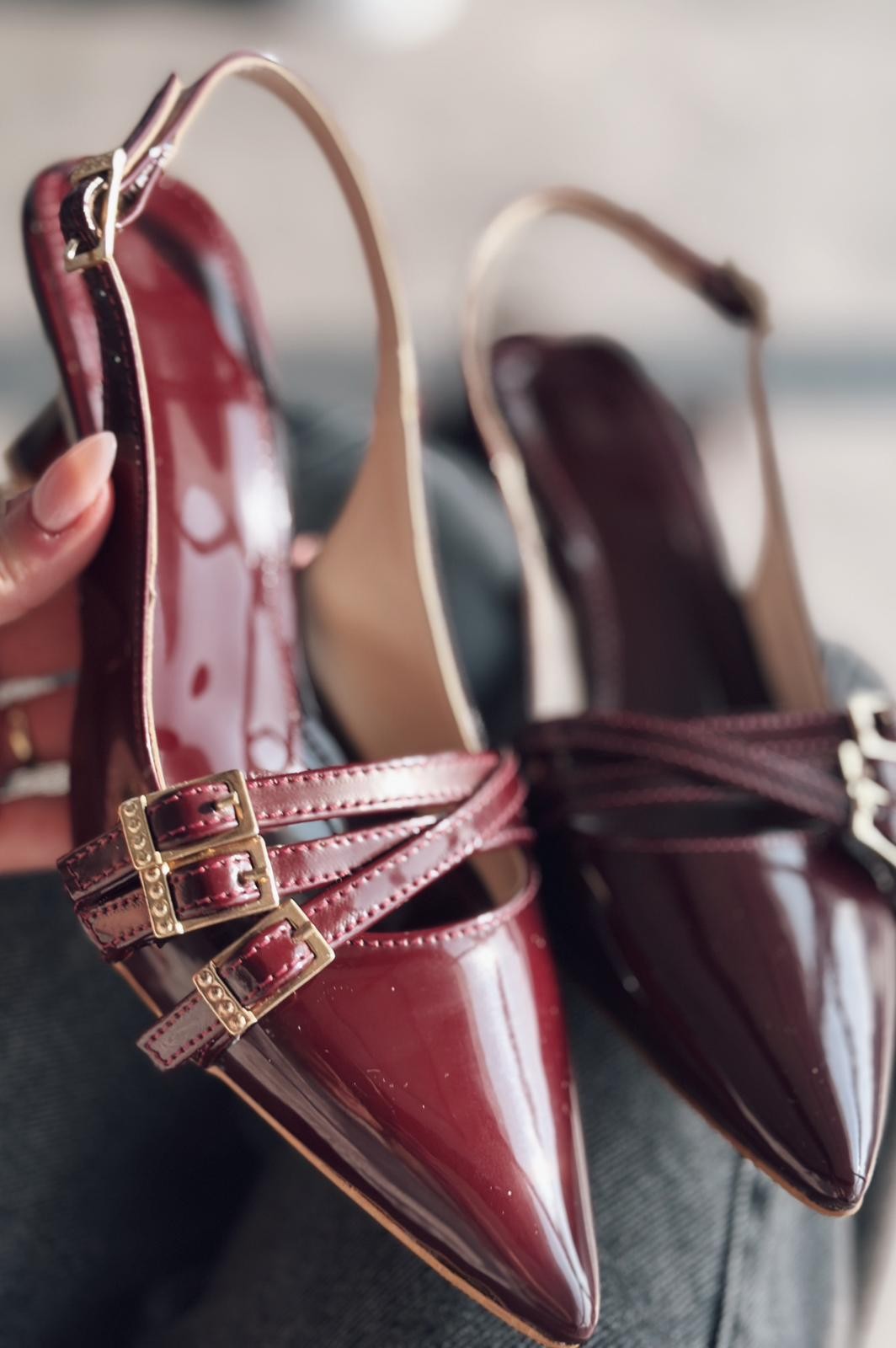 Cherry Molens Patent Leather Buckle Detail Short Heel Stiletto Burgundy