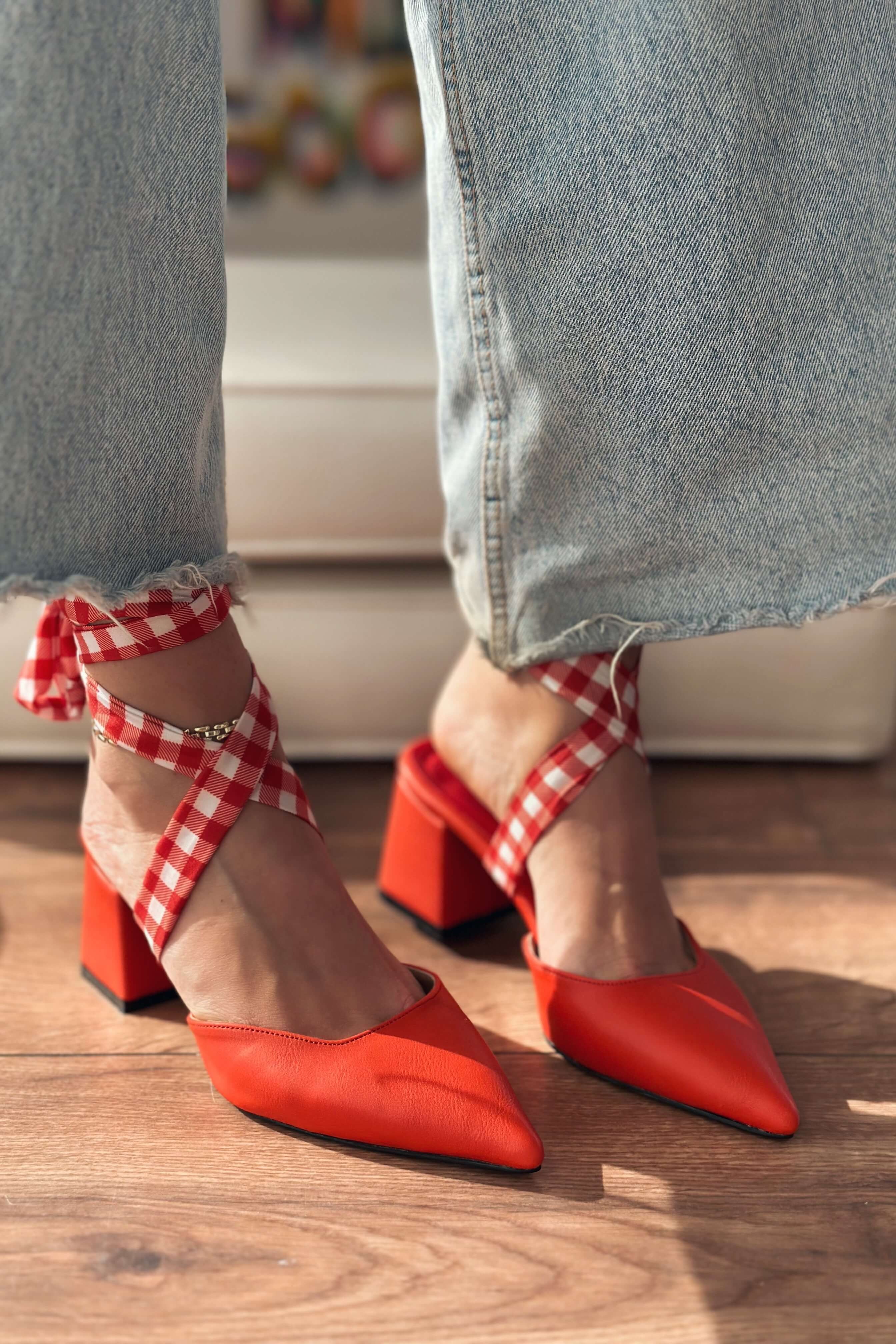 Vikons Matte Leather Plaid Detailed Woman Stiletto Red