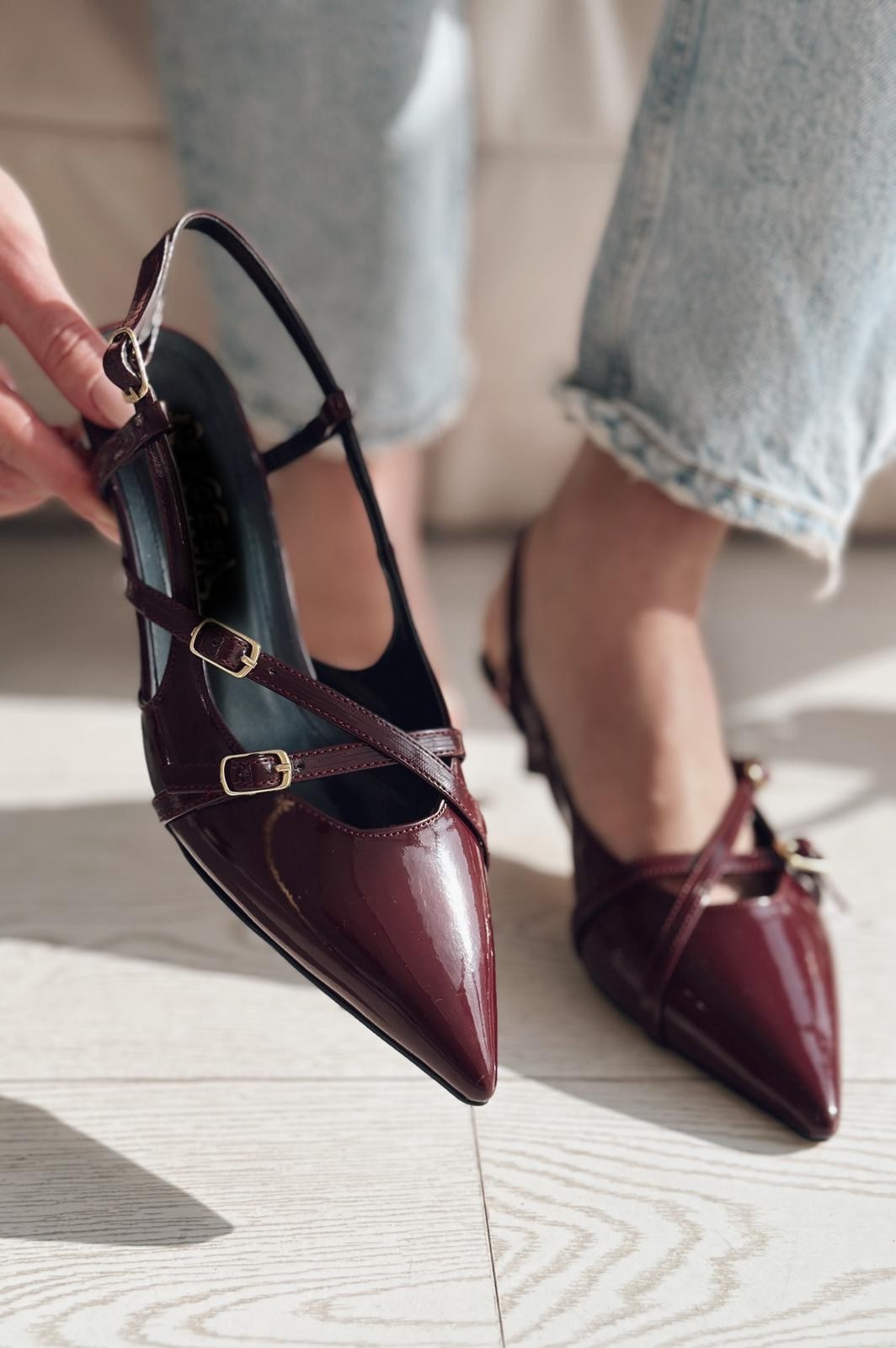 Pejox Patent Leather Buckle Detailed Short Heeled Stiletto Burgundy