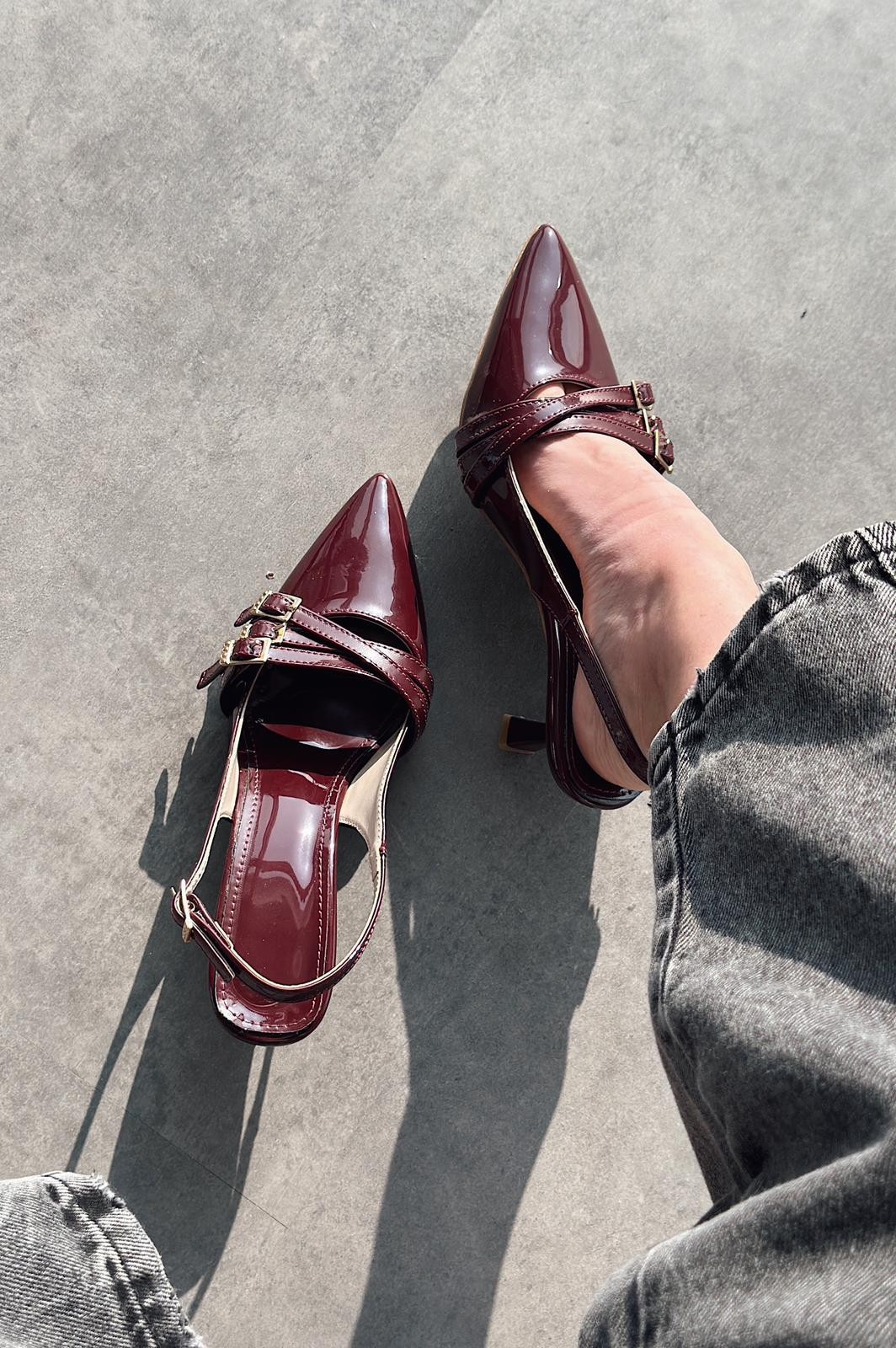 Cherry Molens Patent Leather Buckle Detail Short Heel Stiletto Burgundy