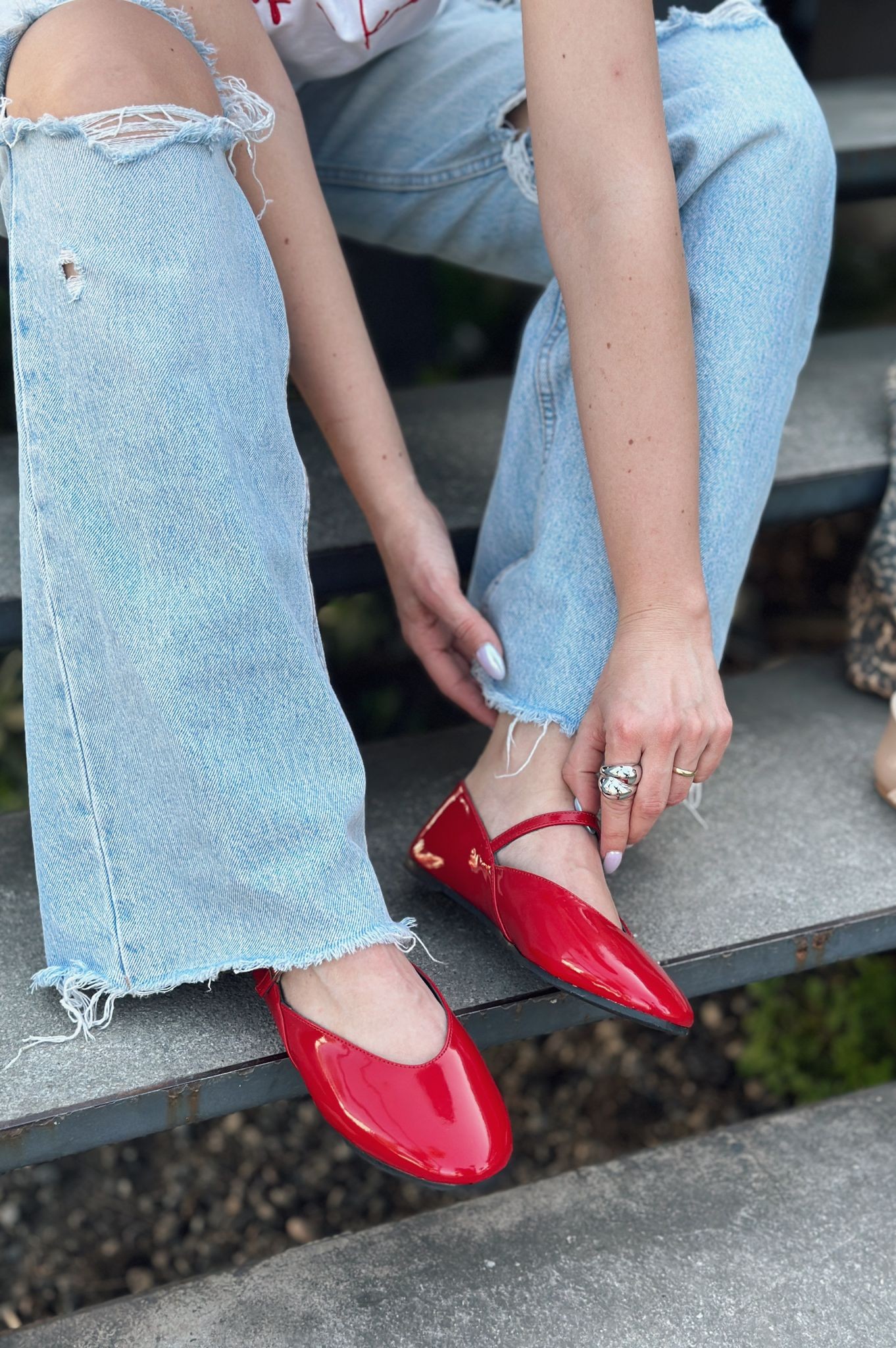 Povina Patent Leather Buckle Detailed Women Red