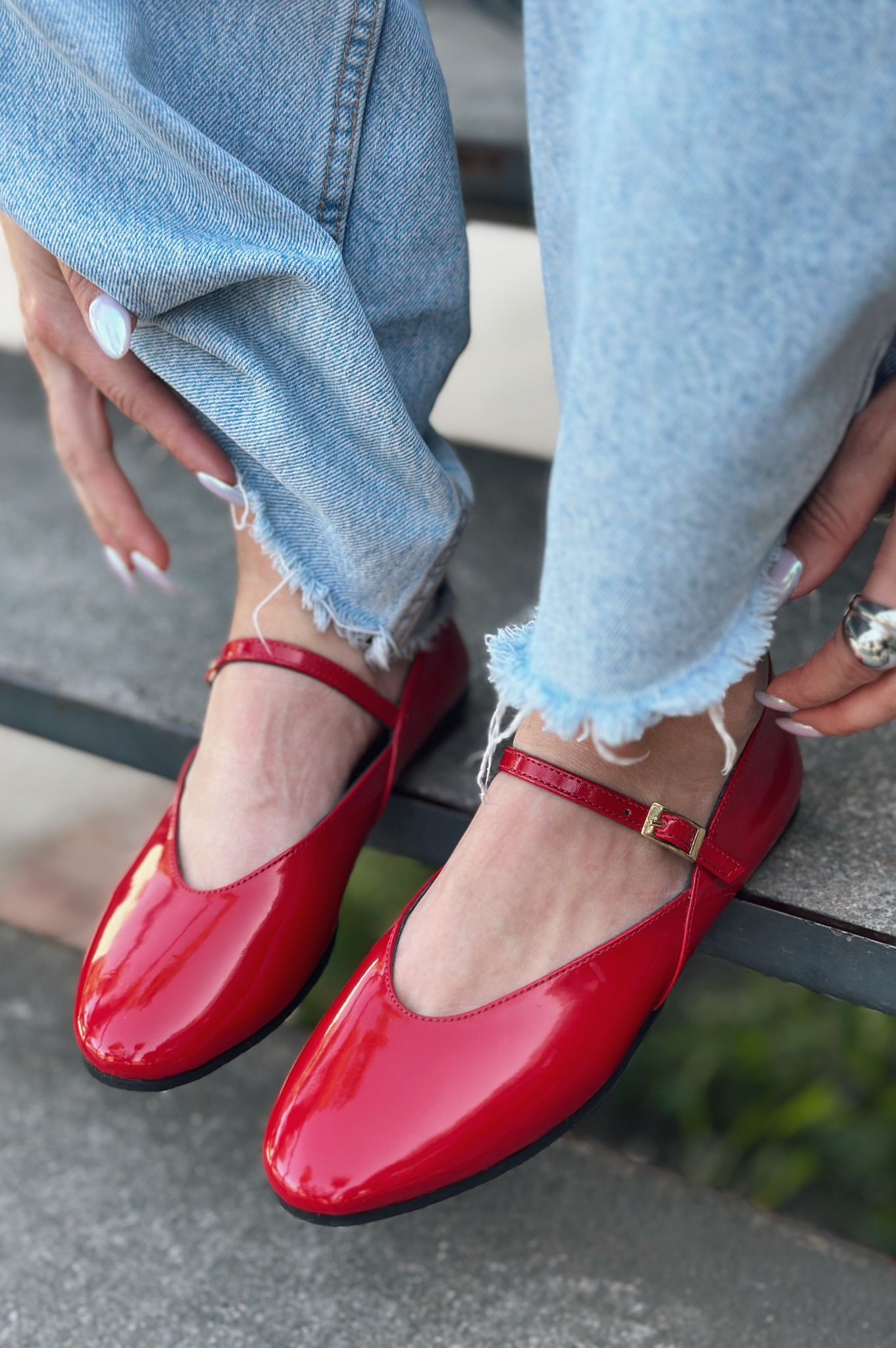 Povina Patent Leather Buckle Detailed Women Red