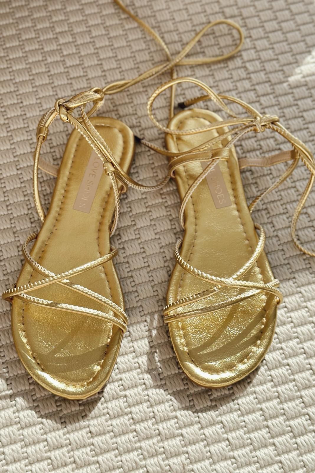 Devinsa Shiny Leather Ankle Strap Women's Sandals Gold