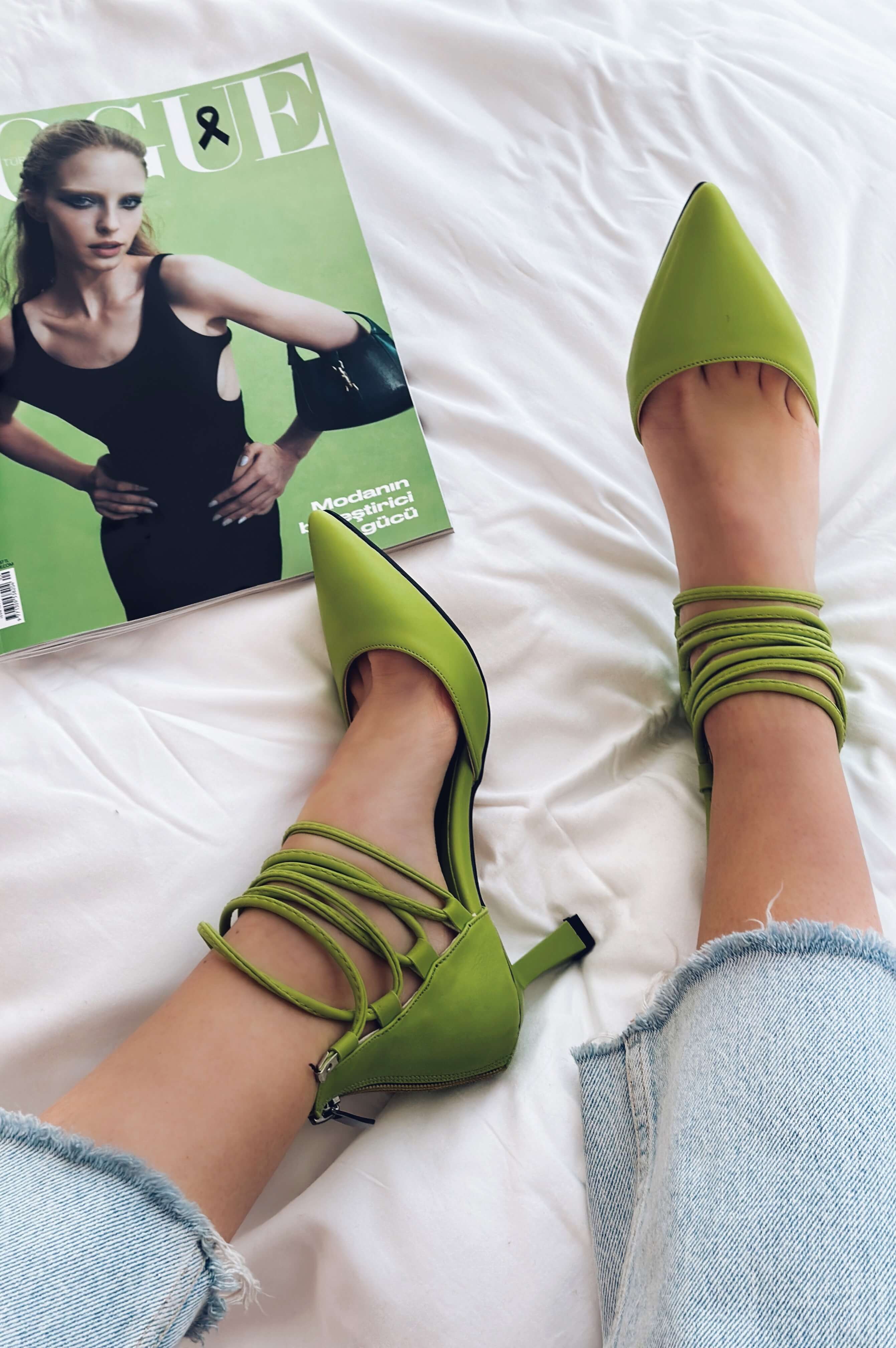 Milena Mat Deri Kısa Topuklu Kadın Stiletto Yeşil
