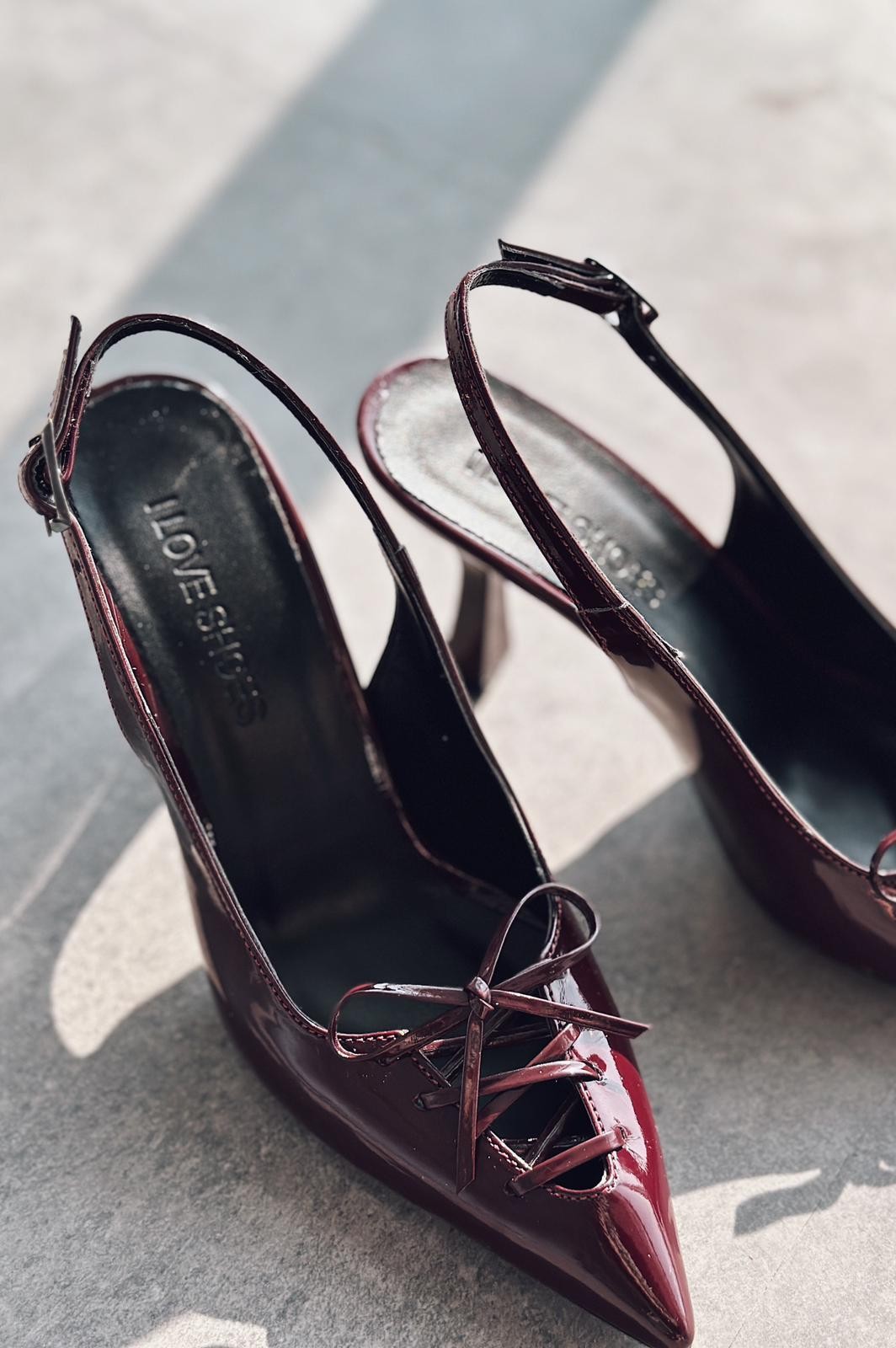 Cherry Wiony Patent Leather Ribbon Detailed Stiletto Burgundy