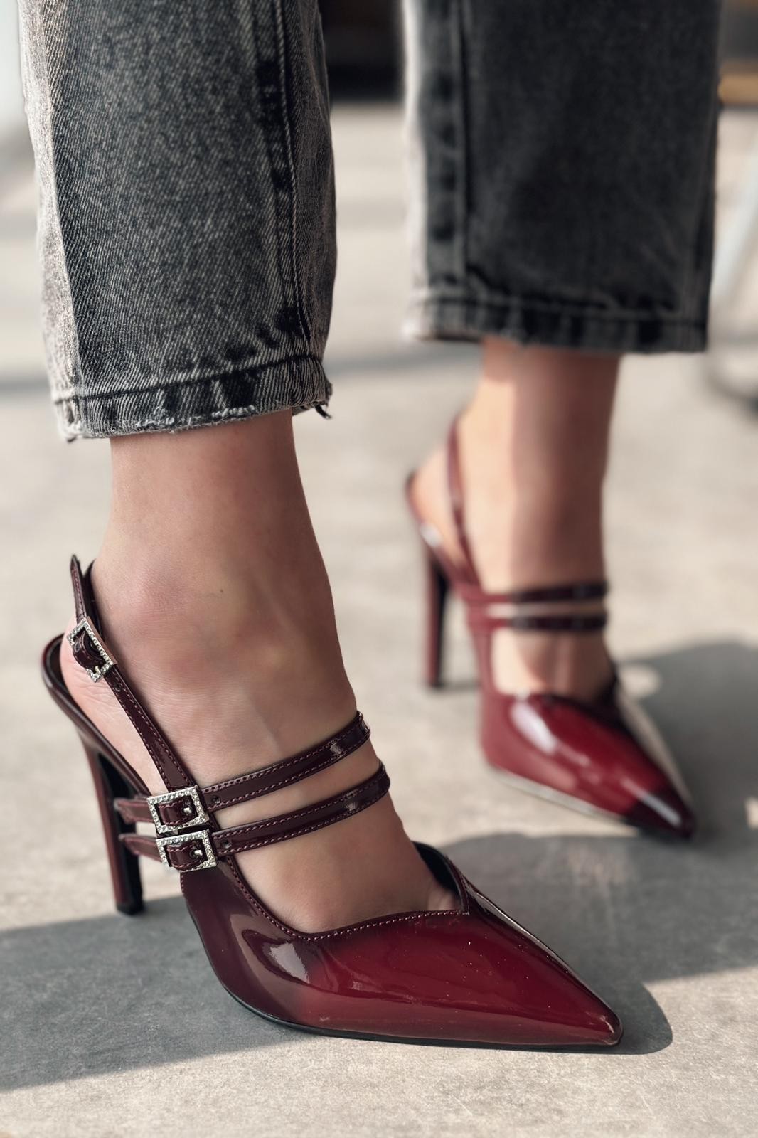 Pontes Patent Leather Stone Buckle Detailed High Heeled Stiletto Burgundy