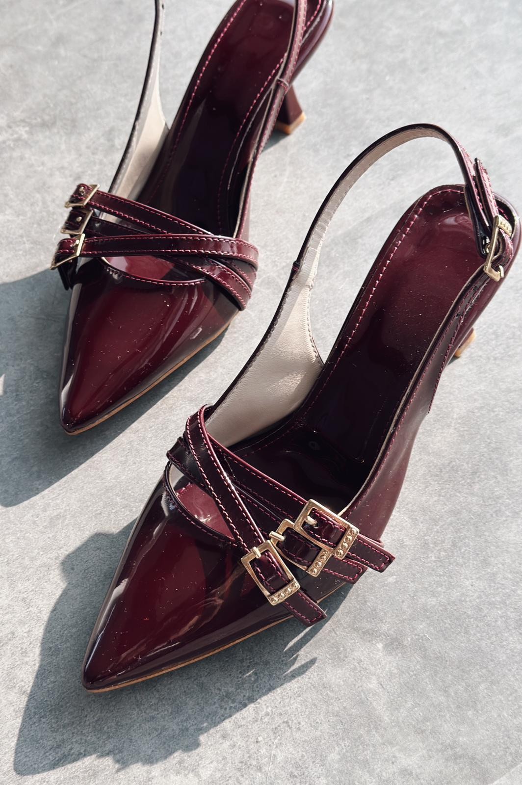 Cherry Molens Patent Leather Buckle Detail Short Heel Stiletto Burgundy