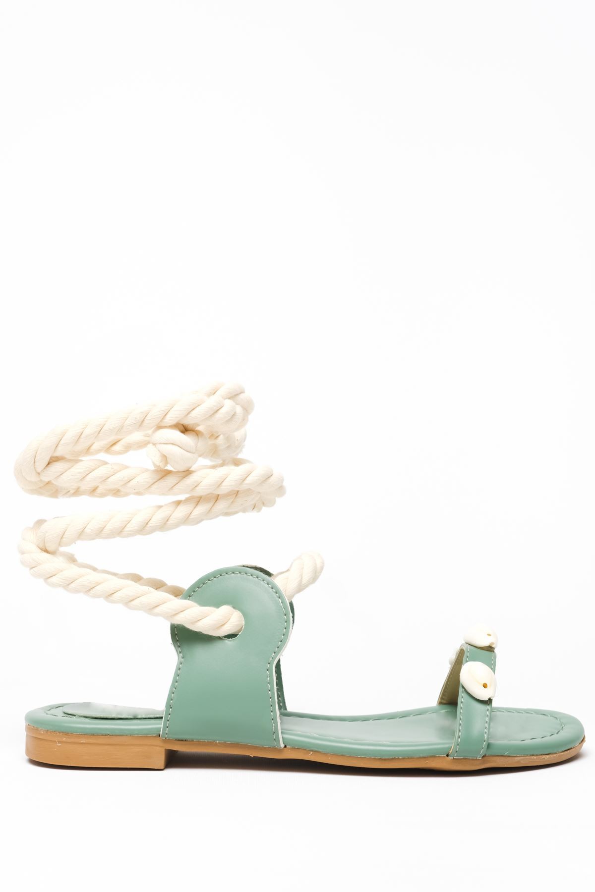 Nerisa Mat Deri Örgü İp Detaylı Sandalet Mint Yeşili