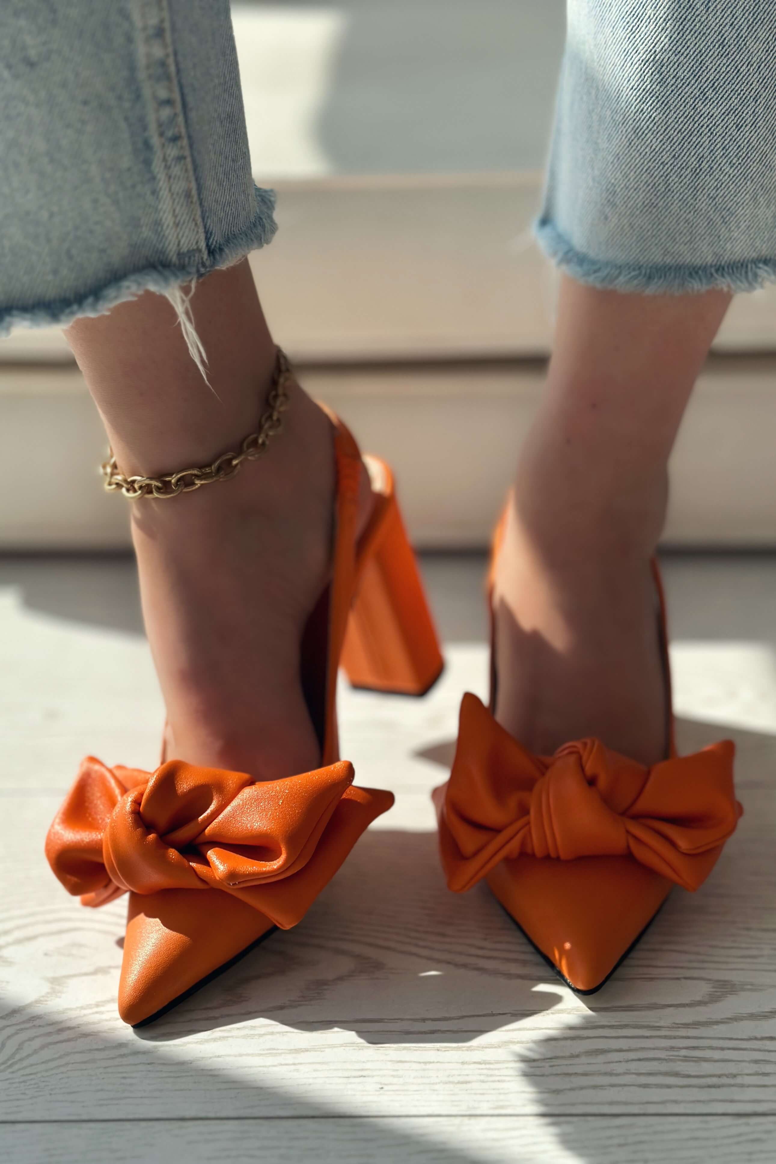 Colisna matte leather ribbon detailed female stiletto orange