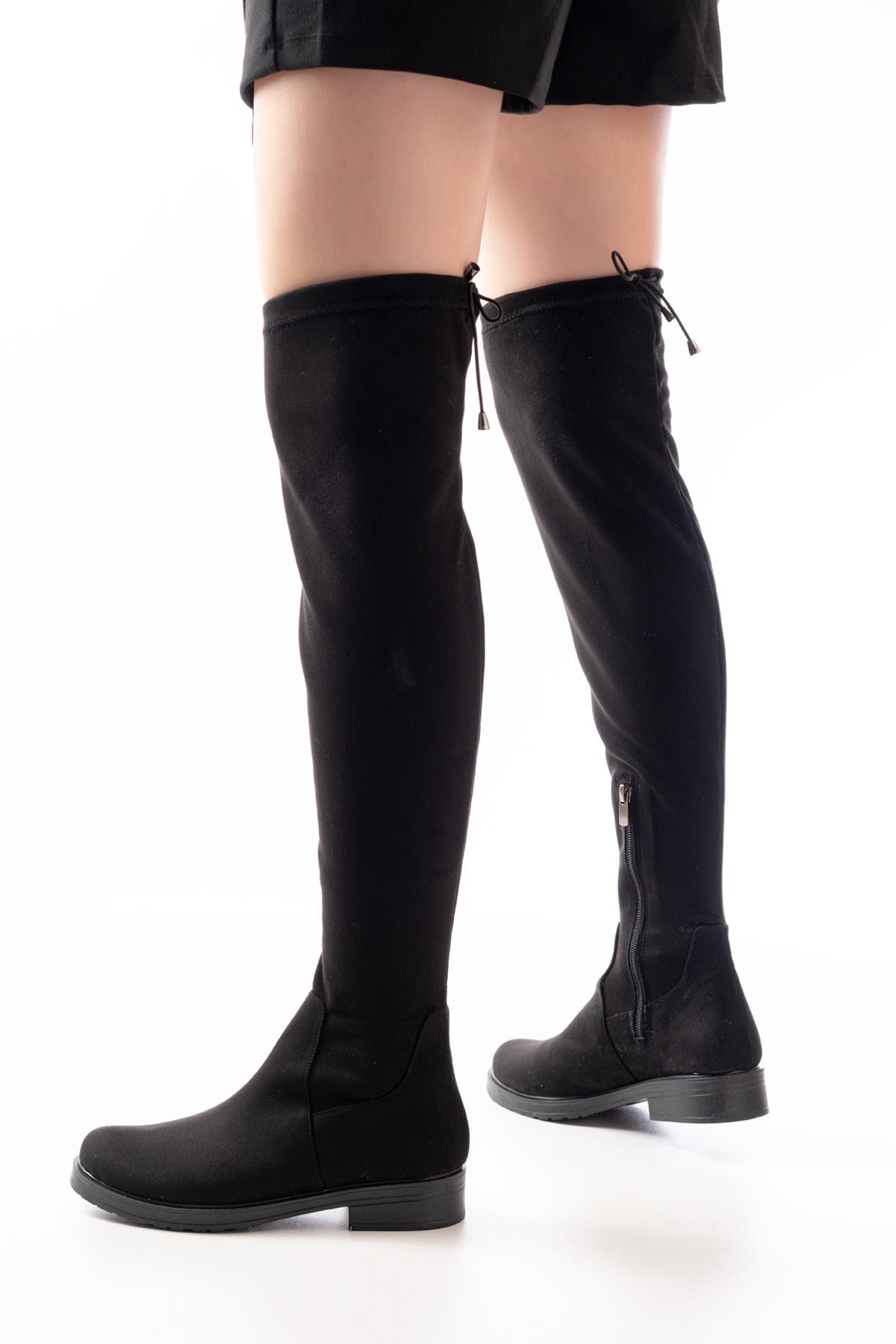 Florex Suede Stretch Black Over-the-Knee Zipper Women's Boots