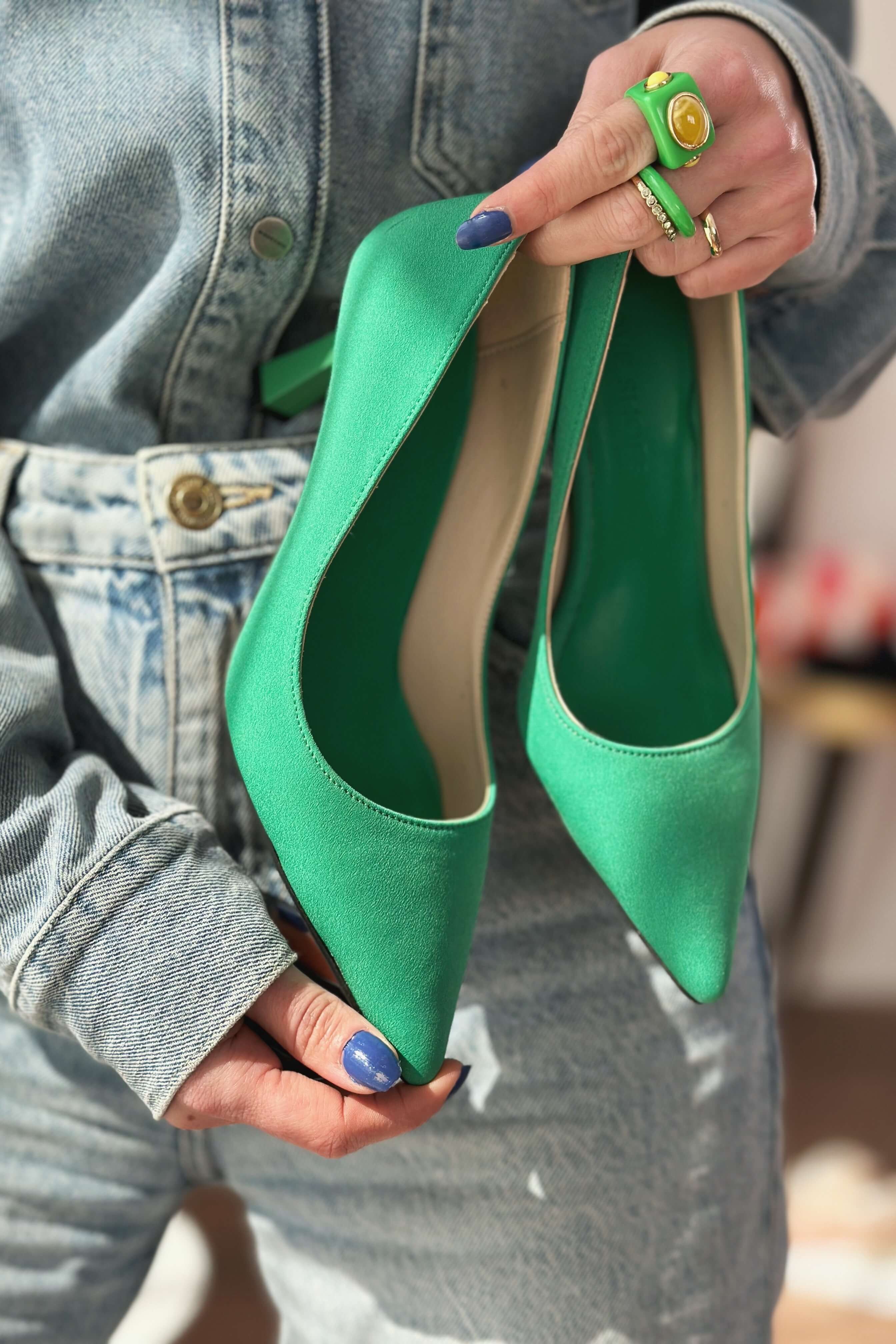 Lora Saten Kısa Topuklu Kadın Stiletto Yeşil