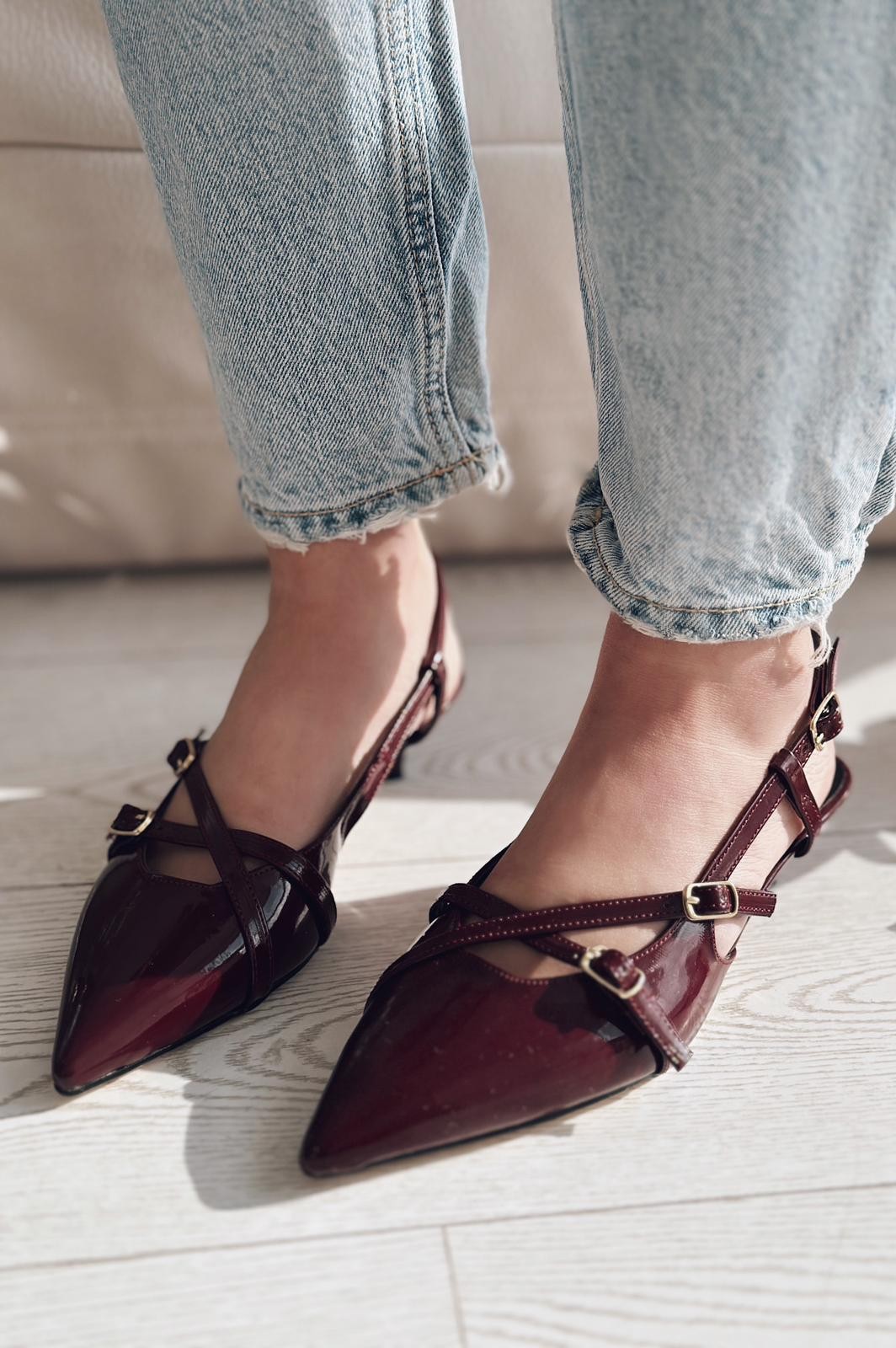 Pejox Patent Leather Buckle Detailed Short Heeled Stiletto Burgundy