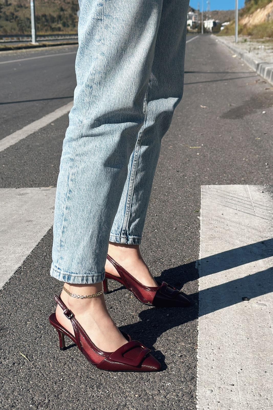 Donita Patent Leather Buckle Detailed Stiletto Burgundy