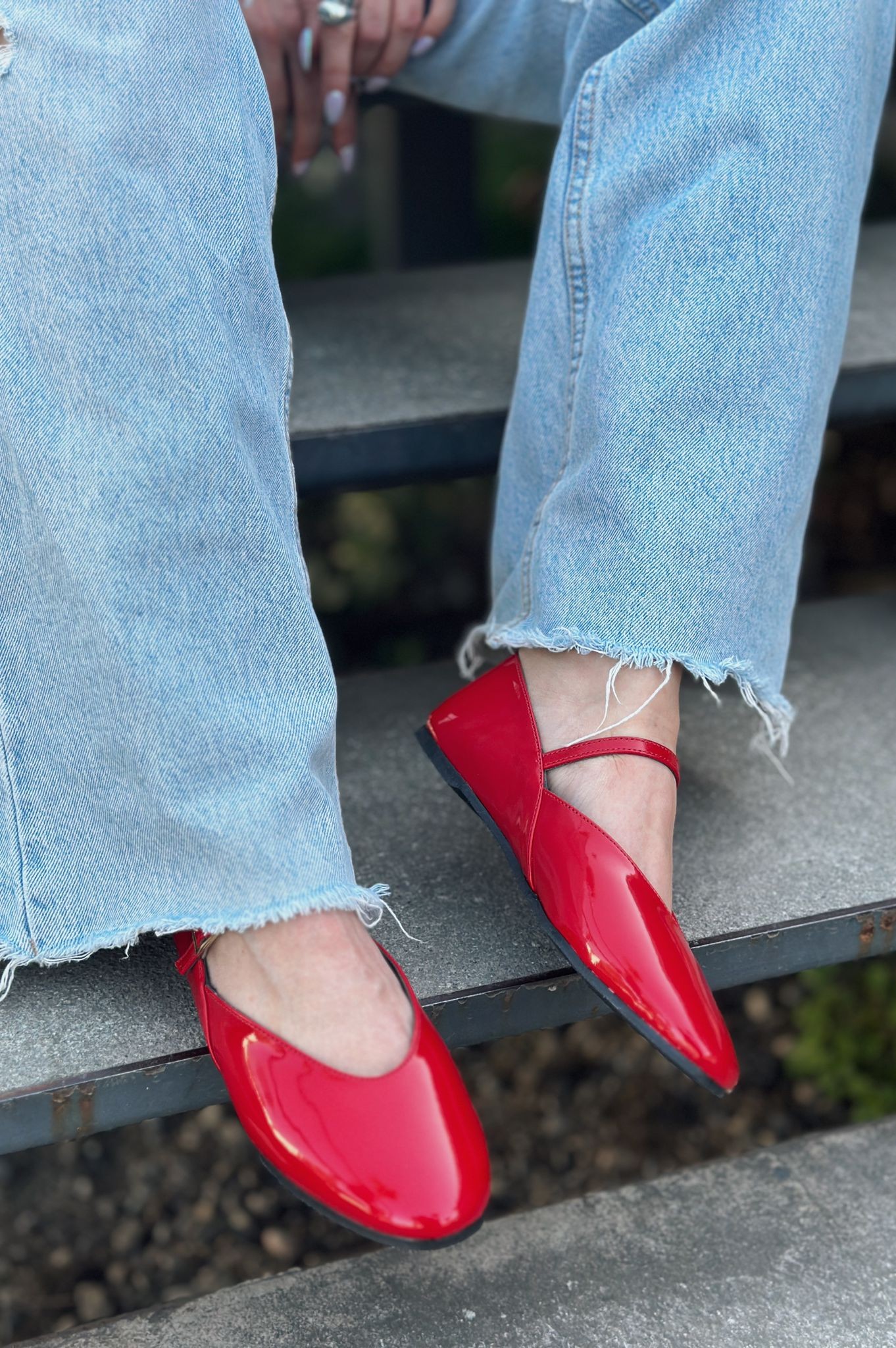 Povina Patent Leather Buckle Detailed Women Red