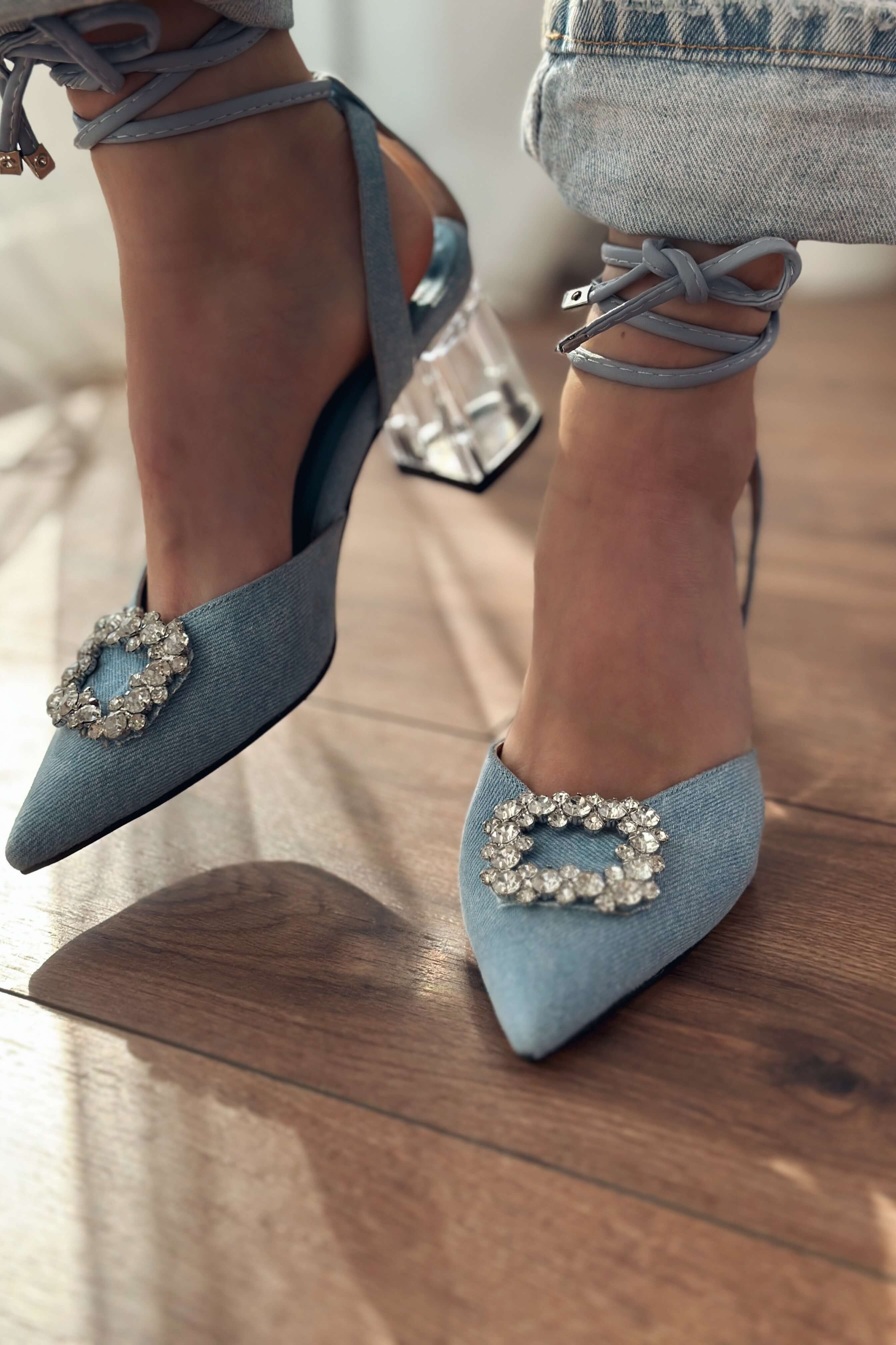 Peria jeans stone detailed woman short heeled stiletto baby blue